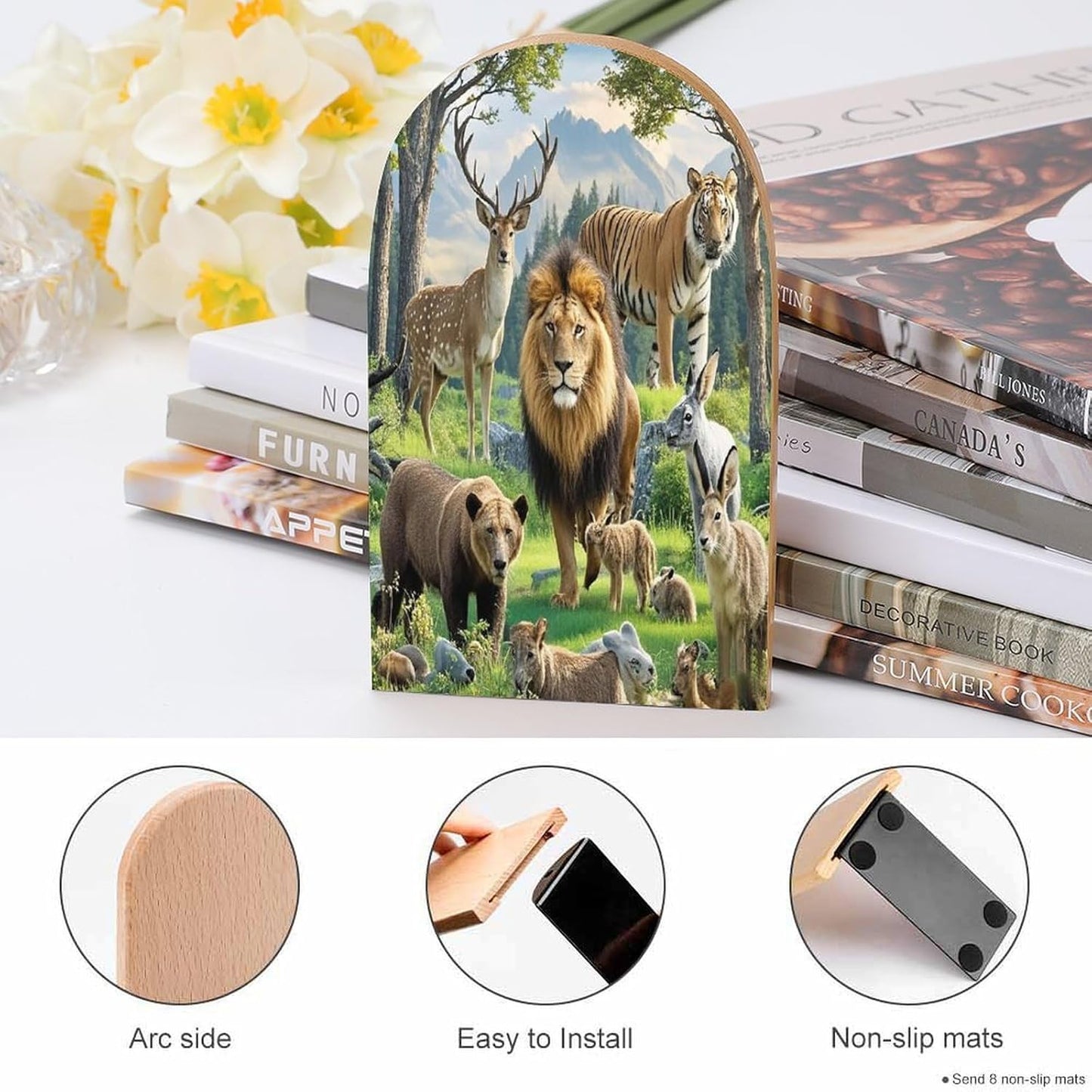 Wild Animals Bookends 1 Pair Heavy Duty Book Ends for Shelves Non-Skid Bookend Supports Wooden Book Holders with Metal Base Desk Organizers Books Storage to Hold Books