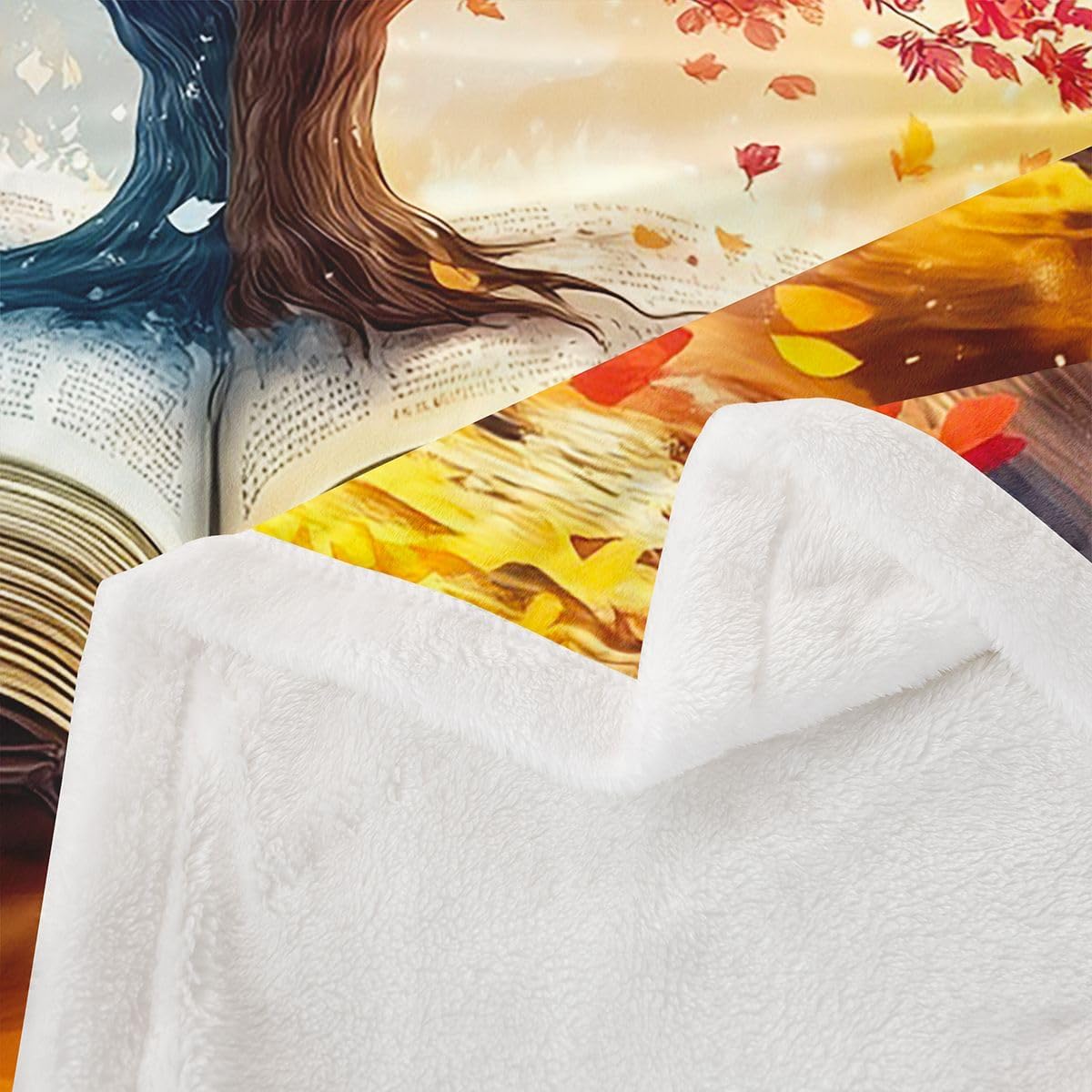 Manfei Life Tree Throw Blanket Book Reading Lover Soft Cozy Fluffy Blanket for Bed Sofa Couch Rustic Style Fall Leaves Blankets Plush for Kids Adults Room Decor 30"x40" Orange Blue