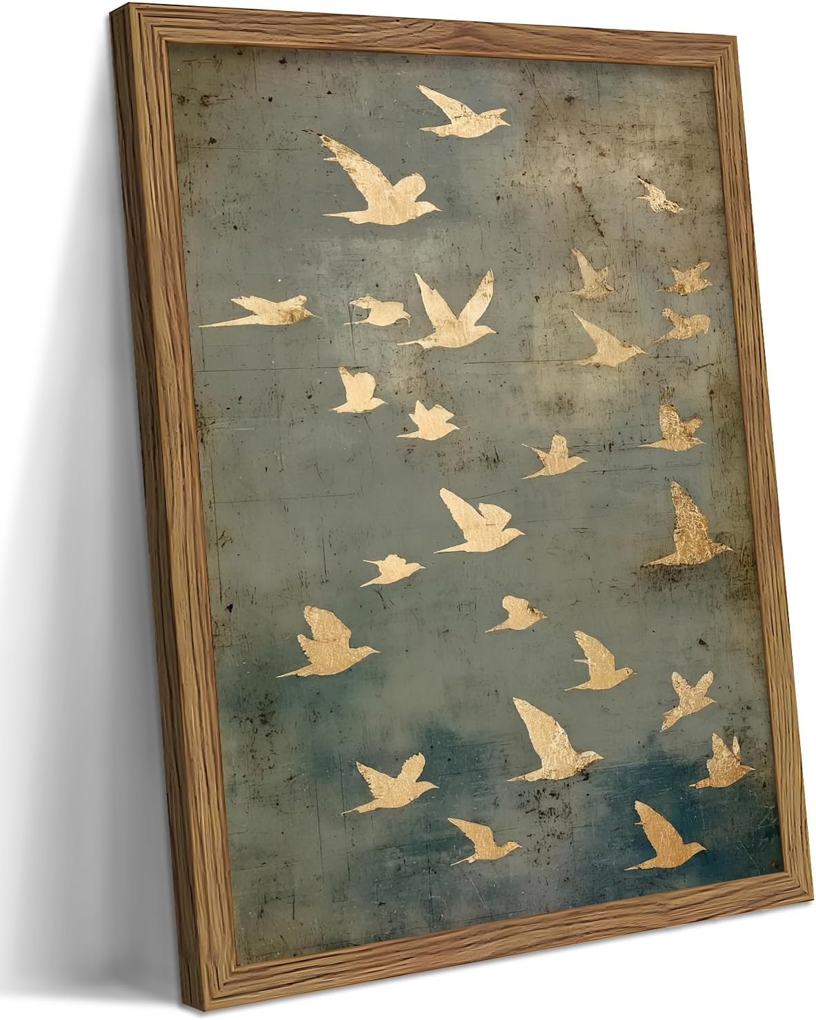 Framed Flock of Birds Canvas Wall Art, Vintage Minimalist Abstract Landscape Painting, Neutral Gold Birds Spiritual Wall Decor, Modern Aesthetic Pictures for Bedroom Living Room 8x10 inch