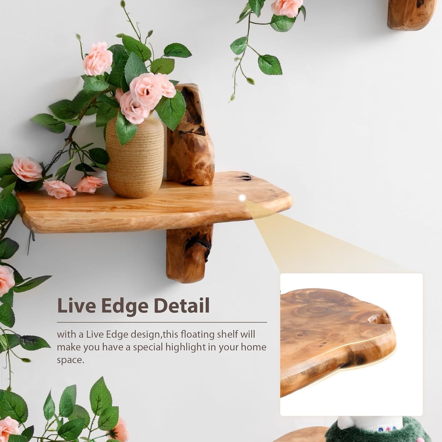 Live Edge Wall Mounted Beside Shelf – 16" Set of 2, Floating Nightstand Handcrafted Root Cedar Bedside Floating Shelf, Unique Natural Wood Wall Decor for Bedroom, Living Room, or Entryway
