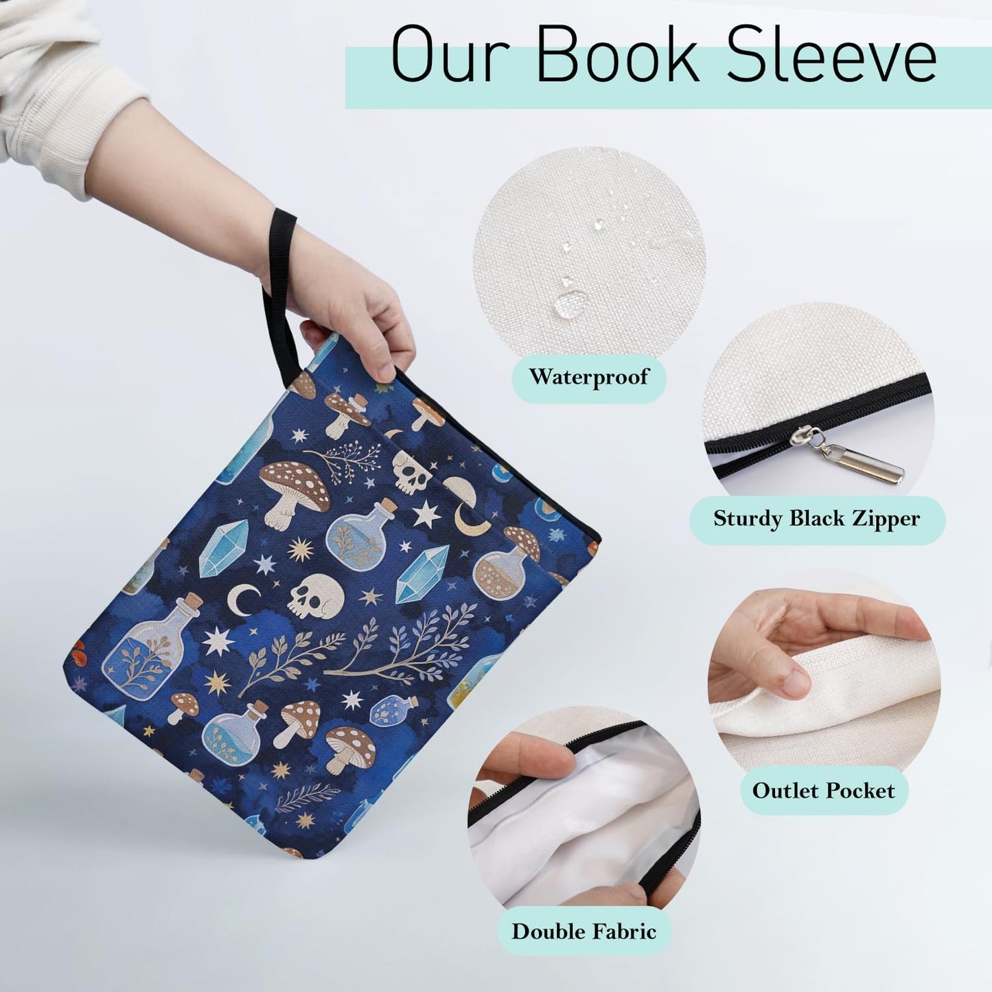 Gothic Magic Witch Pattern Book Sleeve for Book Lovers Librarian with Zipper and Handle, Halloween Skull Theme Bookcover Paperbacks Sleeve for Bookish, Group Club Gifts for Women