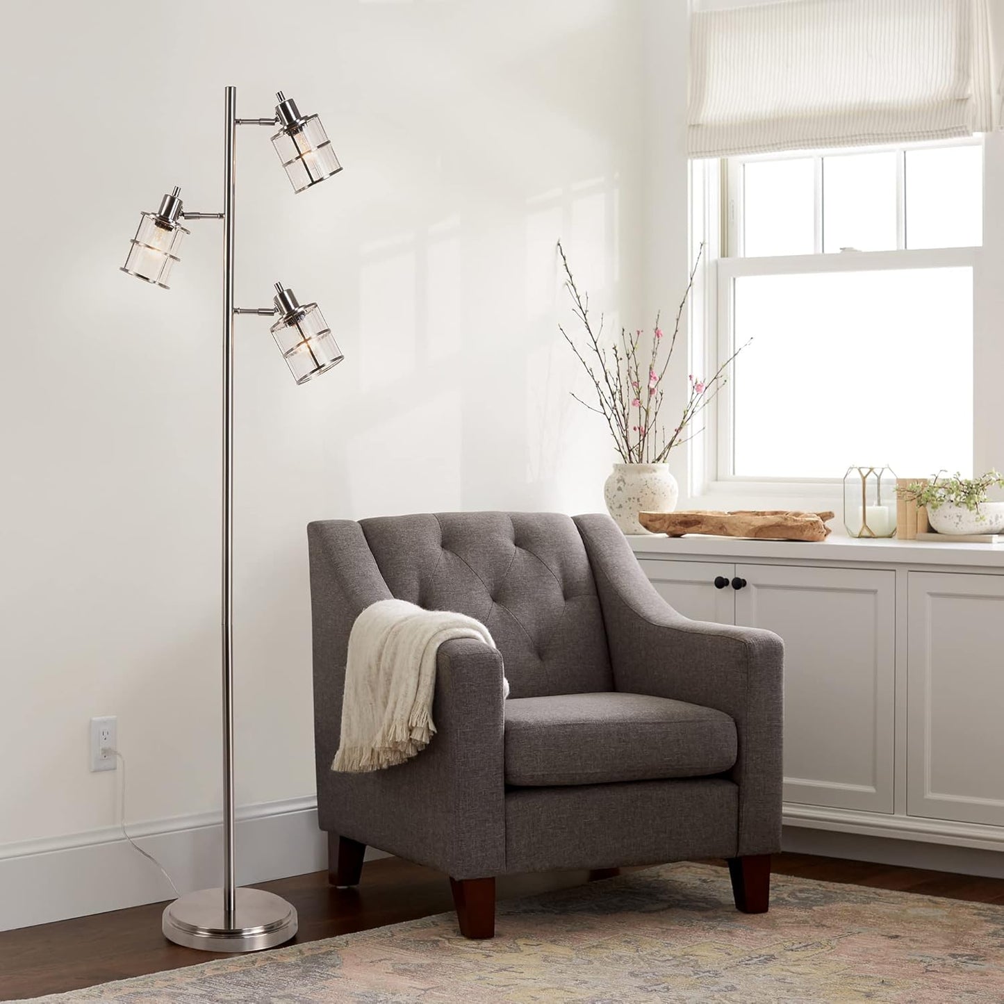 Catalina Lighting Modern 3 Light Floor Lamp with Adjustable Ribbed Glass Shades & Reading Light, 68", Classic Brushed Nickel