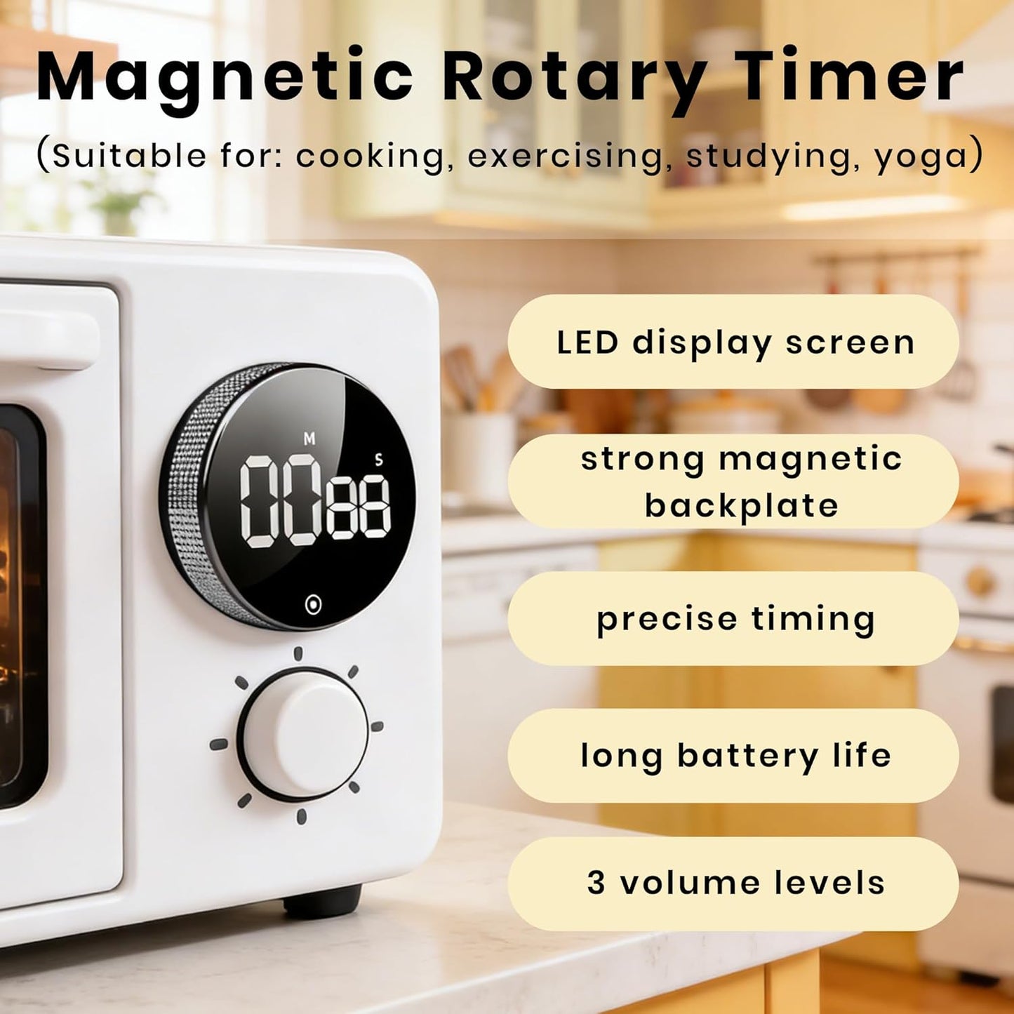 Magnetic Kitchen Timer, Digital Twist Cooking Timer with Large LED Display, Strong Back Magnet, Countdown & Count Up, 3 Adjustable Volume for Kitchen, Study, Classroom, Office (Rose Purple)