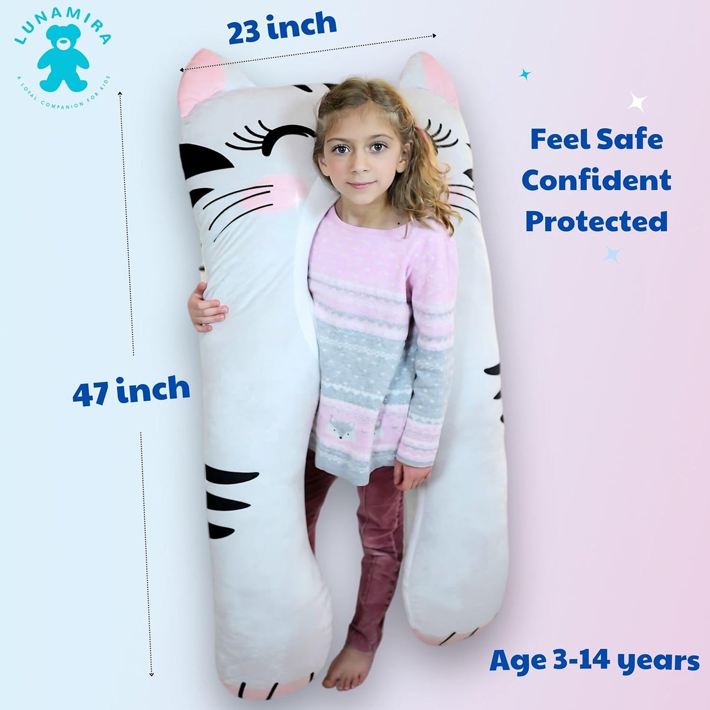LUNAMIRA Cat Kids Body Pillow - 47" U-Shape Long Plush Soft Animal Pillow for Kids, Sleeping, Reading, ADHD & Special Needs Comfort, Anxiety, Washable Cover, Snuggle Fun Cuddle Gift for Boys & Girls