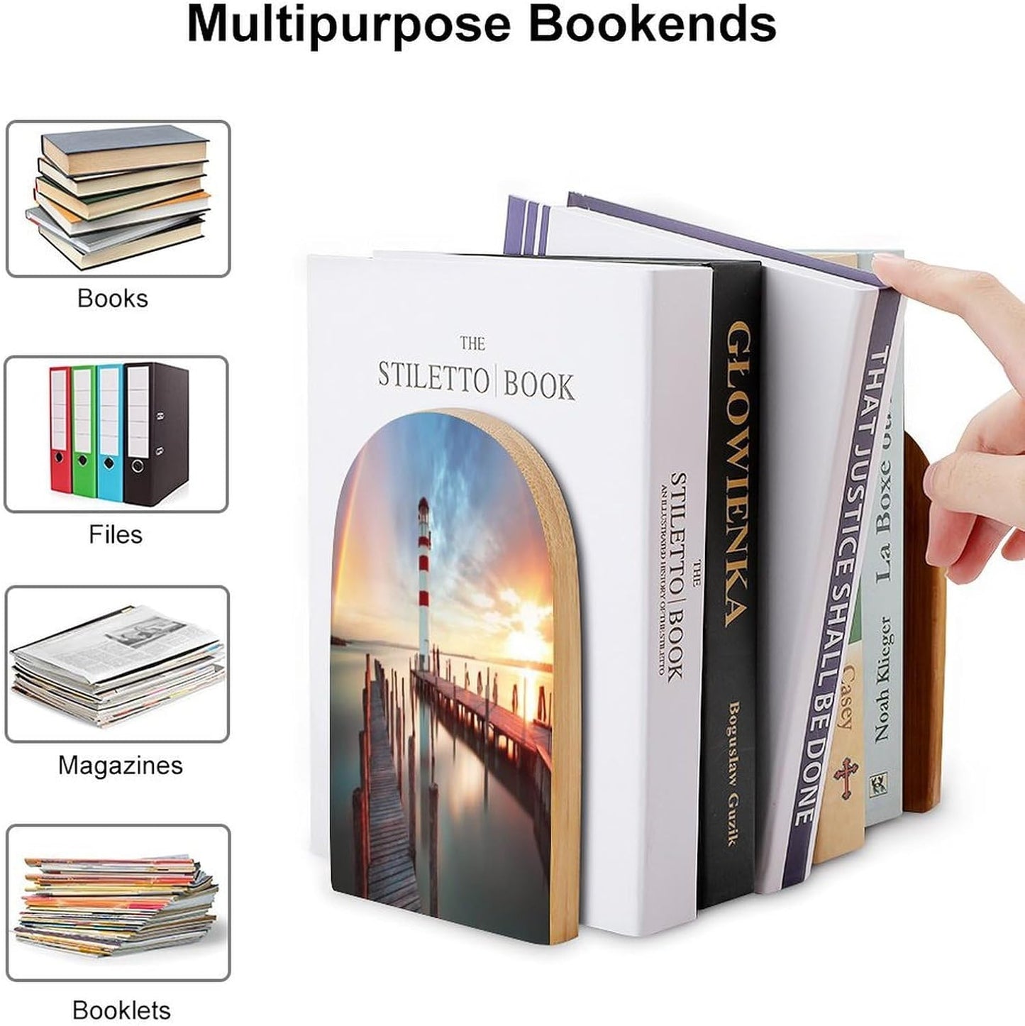 Rainbows Lighthouse Seaside Wooden Bookend Non-Slip Book Ends Heavy Duty Book Stopper with Metal Base Books Holderd Decorative Bookends Stands Firmly for Office Supplies
