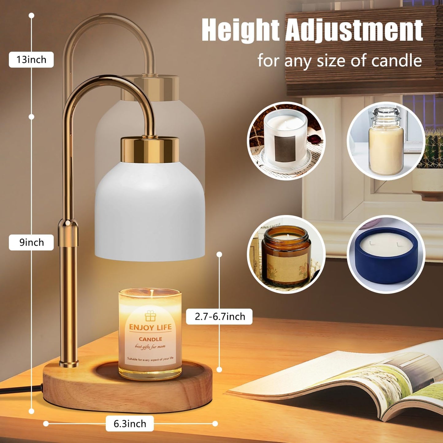 Candle Warmer Lamp with Dimmer Adjustable Height, 2/4/8H Timer,Vintage Home Decor for Scented Jar