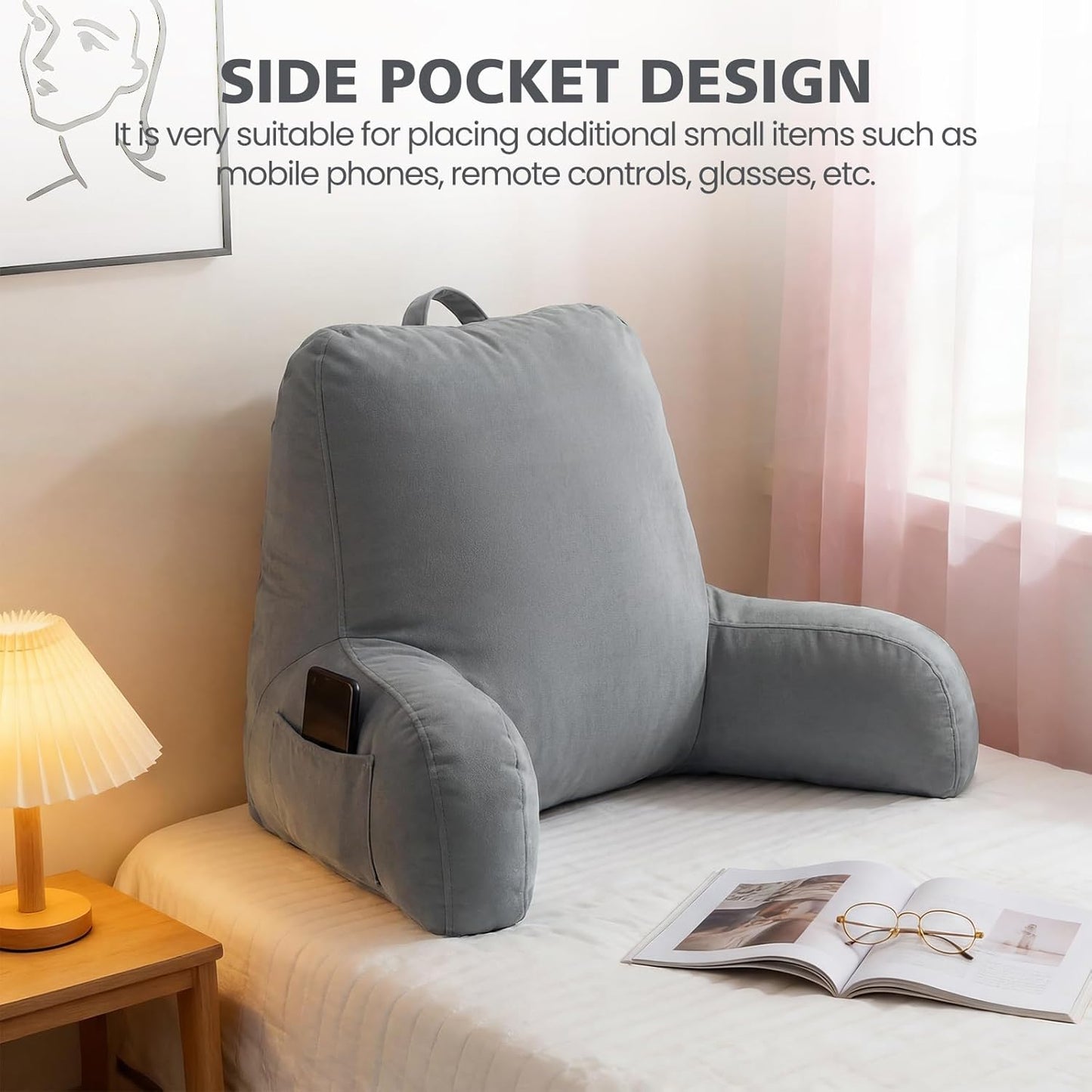 Reading Pillow with Adjustable Memory Foam,Adult Backrest with Arms, Back Pillow for Sitting in Bed with Washable Cover- Large, Gray