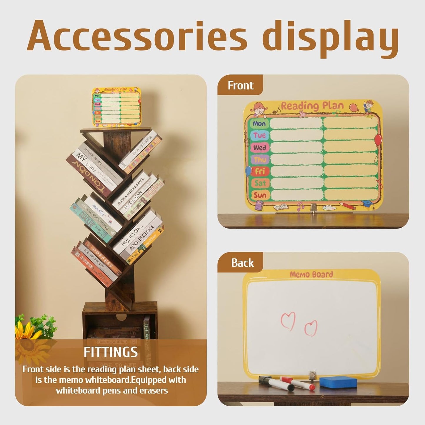 7 Tier Tree Book shelf, Small Bookcase with Reading Planner and Activity Panel, Modern Floor Standing Corner Tall Narrow Storage Cabinet Bookshelves for Home Office Bedroom Living Room (Rustic Brown)