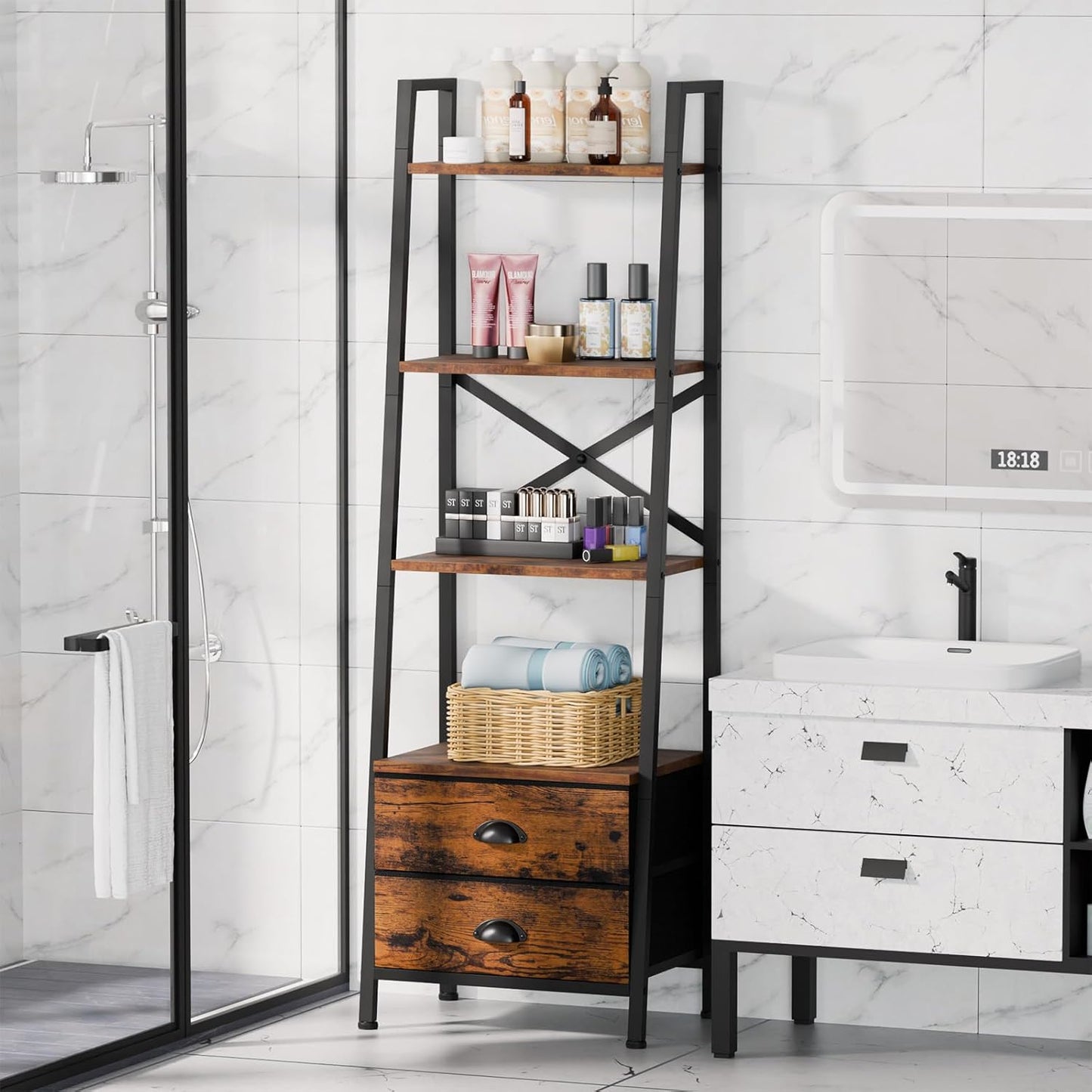 Furologee 4-Tier Ladder Shelf,Small Bookshelf with 2 Drawers,Vertical Bookcase Storage Rack Organizer,Rustic Bookshelves for Living Room,Bedroom,Bathroom,Home Office,Kitchen,Rustic Brown