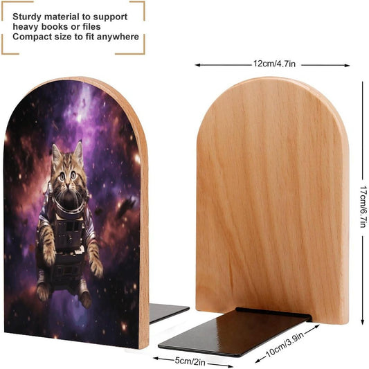 A Cat in Outer Space Bookend for Shelves Wooden Book End Large Size Sturdy Book Holders Stoppers with Metal Base for Bookshelves Slick Decorative Bookends Stands