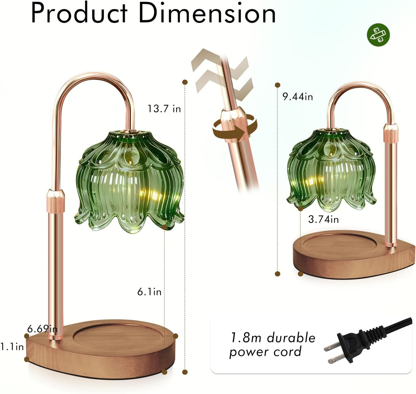 Candle Warmer Lamp - Dimmable Candle Lamp with Timer, Flower Wax Warmer Lamp for Jar Candles, Adjustable Height Wax Melter for Valentine's Day Gift Home Decor, Farmhouse (Green)