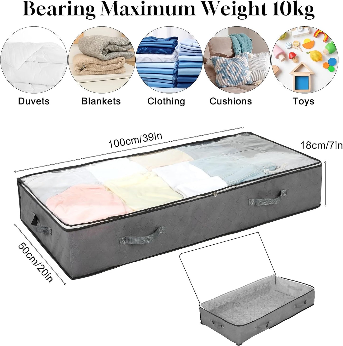 4 Pack 90L Under Bed Storage Containers – Foldable Closet Organizers with Clear PVC Window, Large Underbed Storage Bins for Blankets, Clothes, Shoes, Wrapping Paper (Grey, 39” x 20” x 7”)