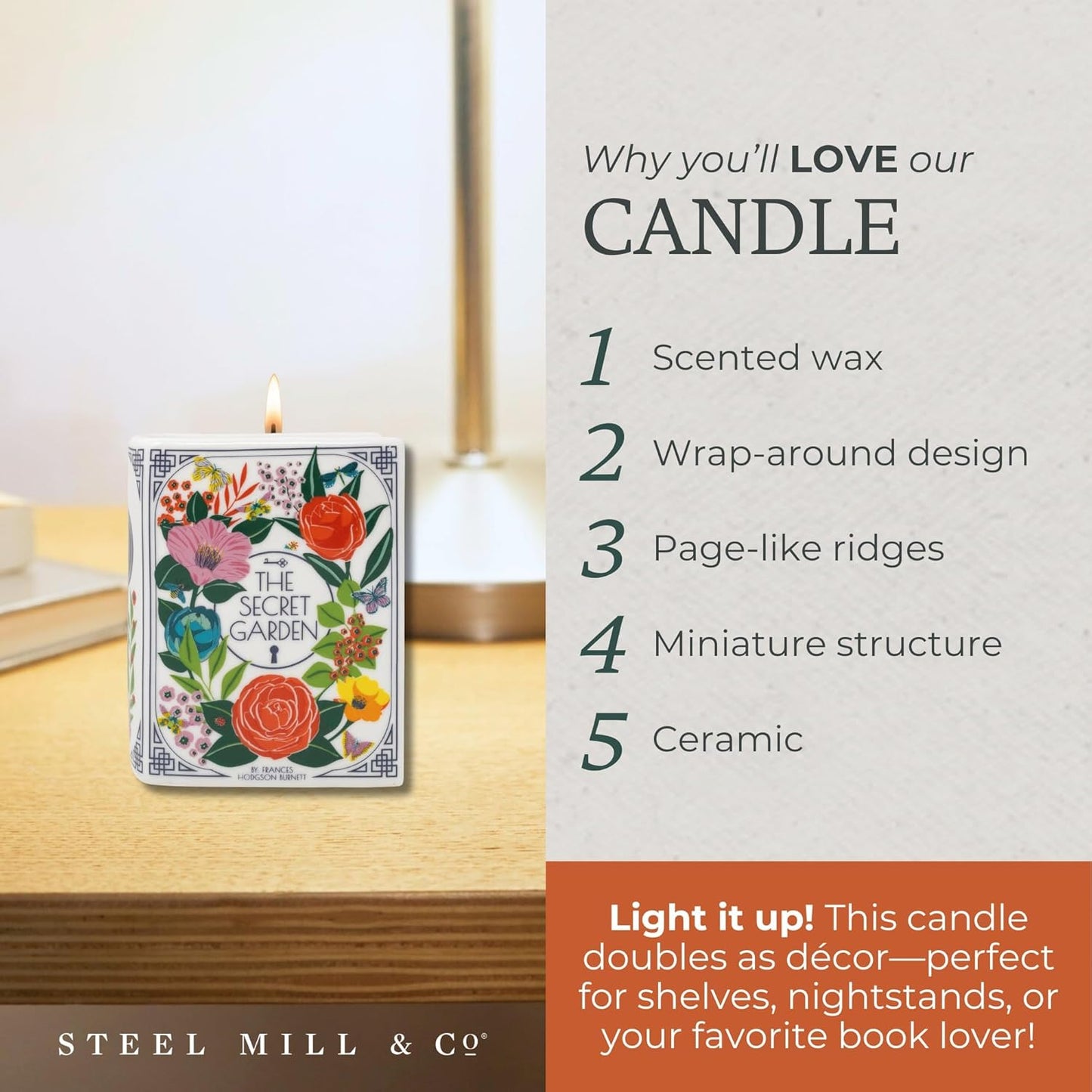 Steel Mill & Co Novelty Shaped Book Theme Scented Candle, 5 oz Candle with Notes of Jasmine and Cedarwood, Unique Gift for Mother's Day (The Secret Garden)