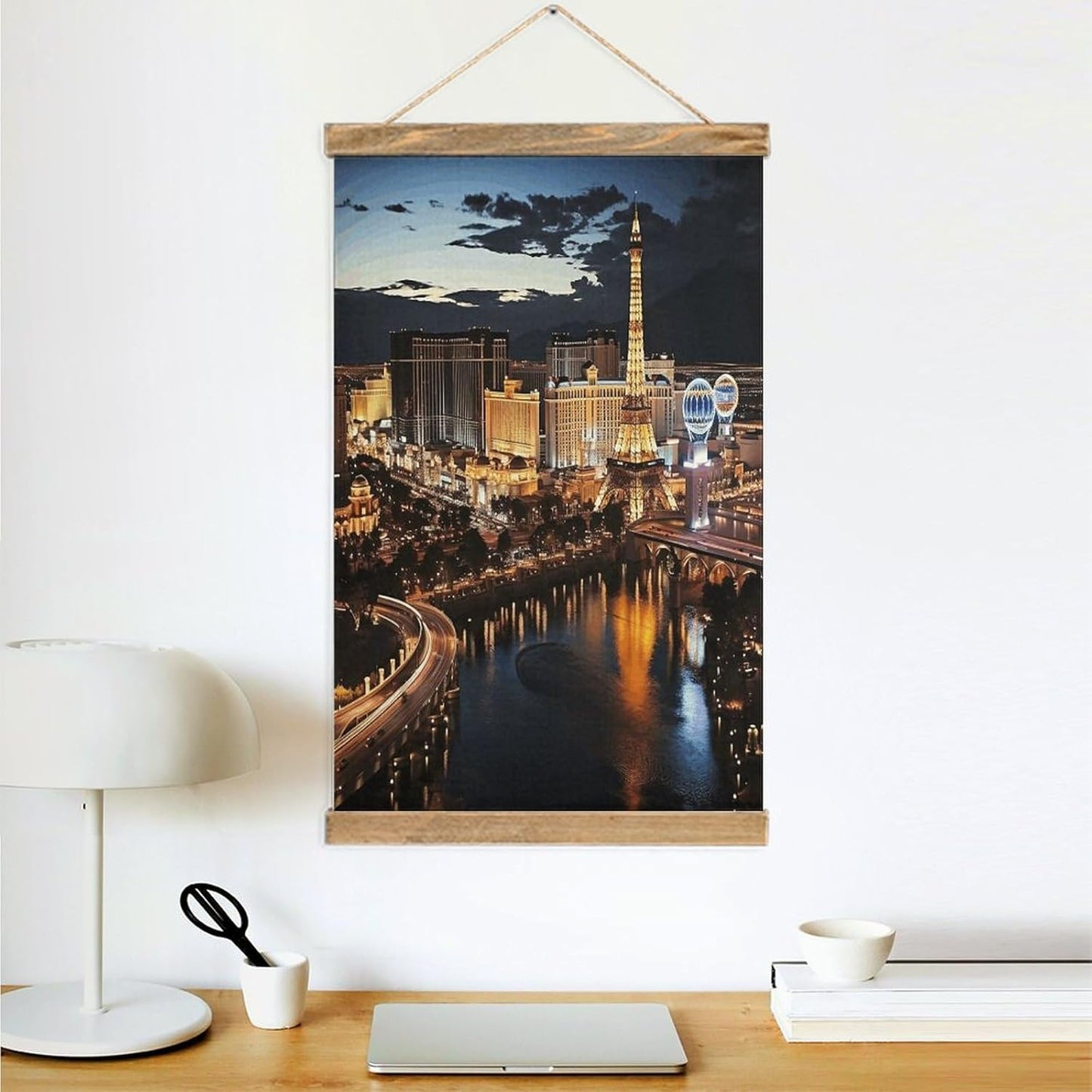 Vintage Las Vegas Night View Poster with Wooden Frame Personalized Linen Hanging Scroll Painting Rustic Wall Hanging Illustrative Modern Artwork Decor for Home Living Room Bedroom Office