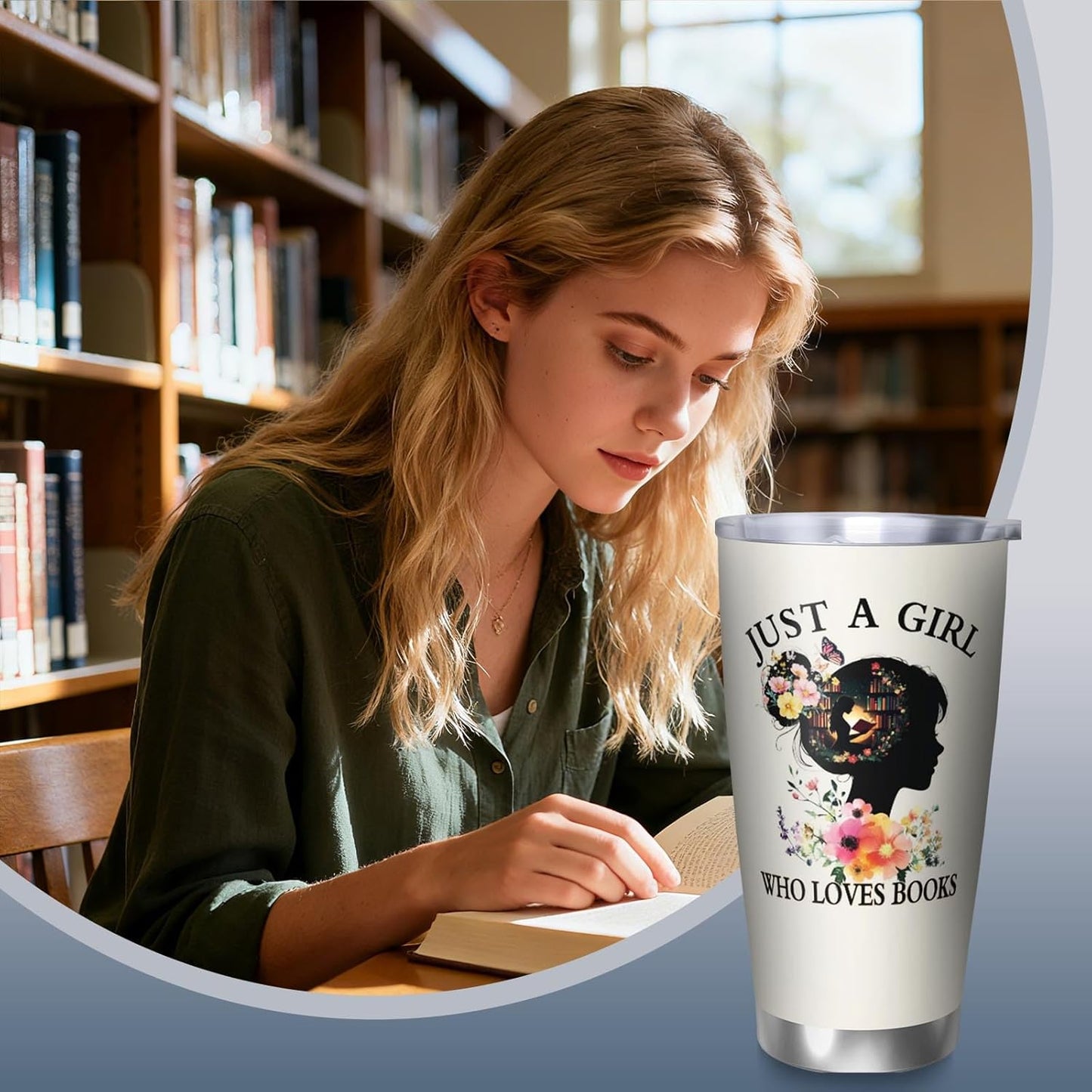 Just a Girl Who Loves Books Gifts, Book Themed Tumbler Gift Coffee Mugs, Gifts for Women Who Love Reading Travel Mug, Book Related 20oz Bookish Coffee Tumbler