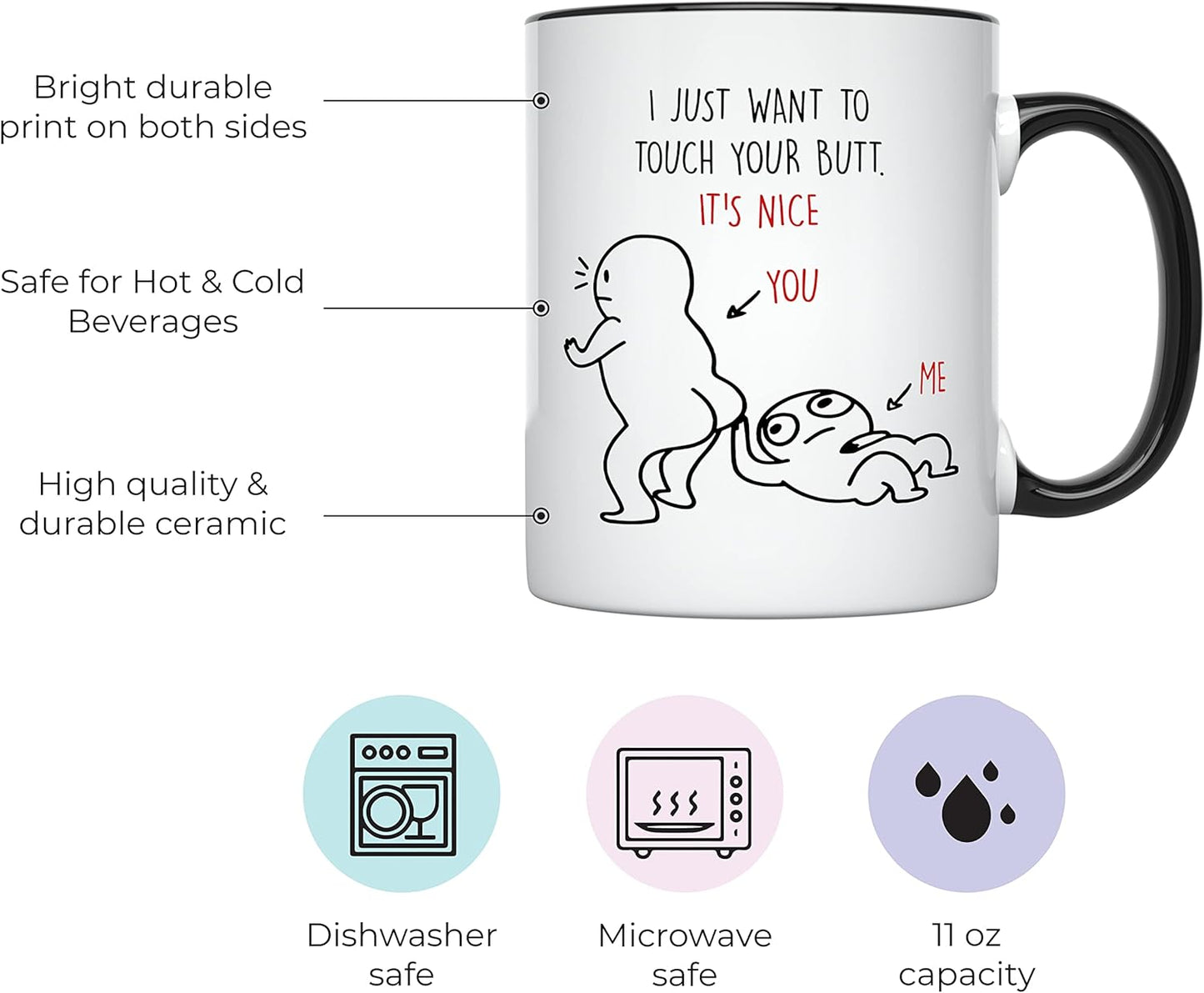 YouNique Designs I Just Want to Touch Your Butt Mug for Girlfriend and Boyfriend, 11 Ounces, Long Distance Relationship Cup, I Love You Coffee Mug for Her and Him, Anniversary Cup (Black Handle)