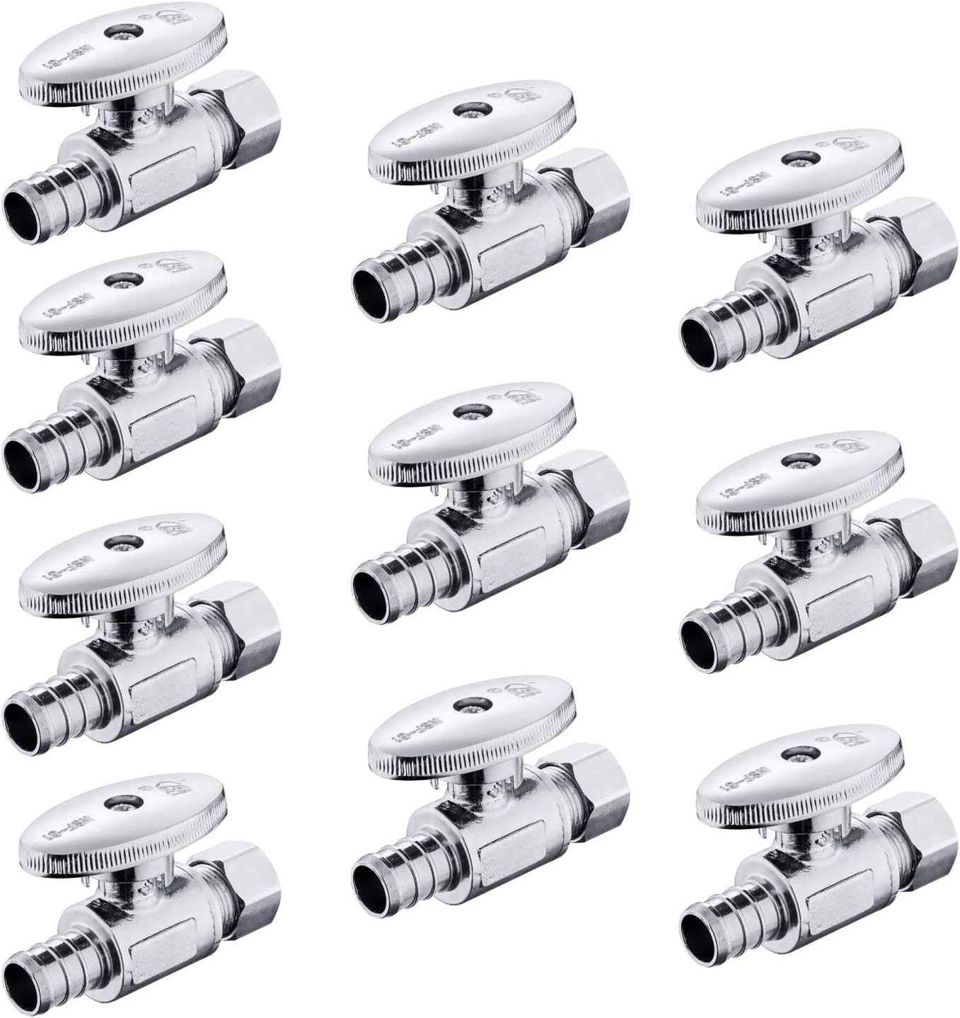 (Pack of 10) EFIELD 1/4 Turn Straight Stop Valve 3/8" OD Compression X 1/2" Crimp Barb Pex Chrome Plated Brass,(VALVE085-10PCS)