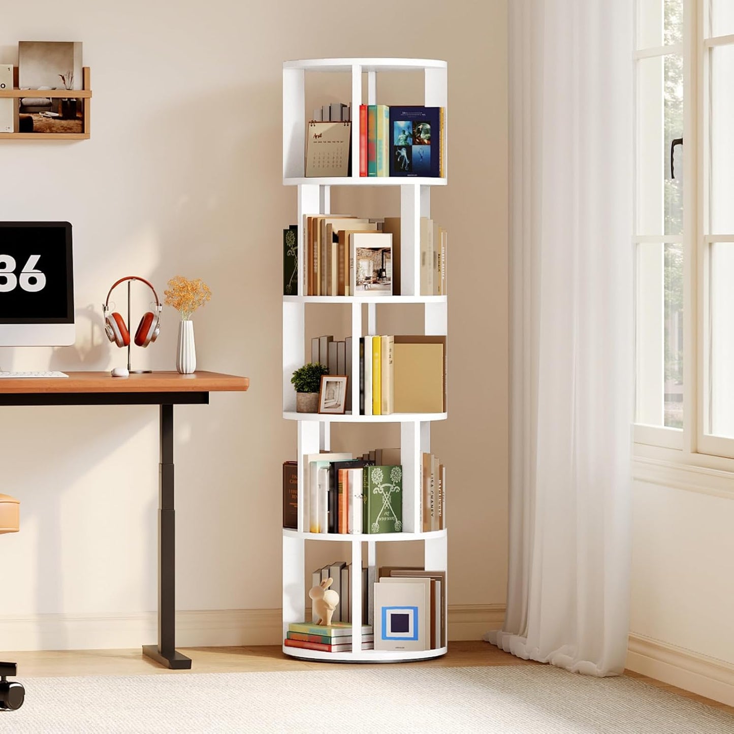 5-Tier Rotating Bookshelf, 360° Spinning Bookshelf Tower, Floor Standing Round Revolving Bookcase, Display Rack for Books, CDs, for Living Room, Study, Bedroom, White BKWT6501