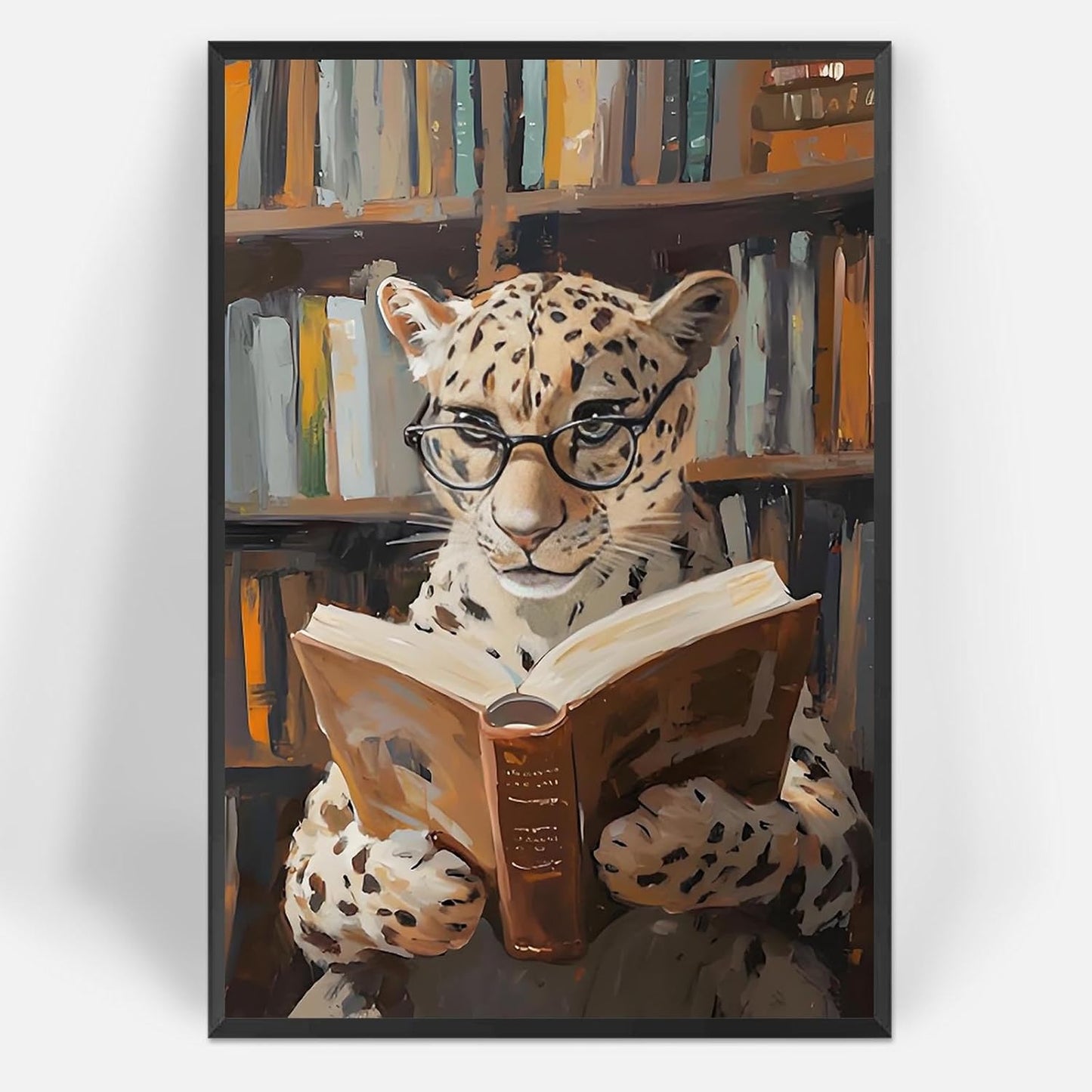 Trendy Leopard Reading Book Canvas Posters Funky Panther Library Wall Art Funny Animal Cheetah Aesthetic Prints Painting For Living Room Office Wall Decor 12x16in Unframed
