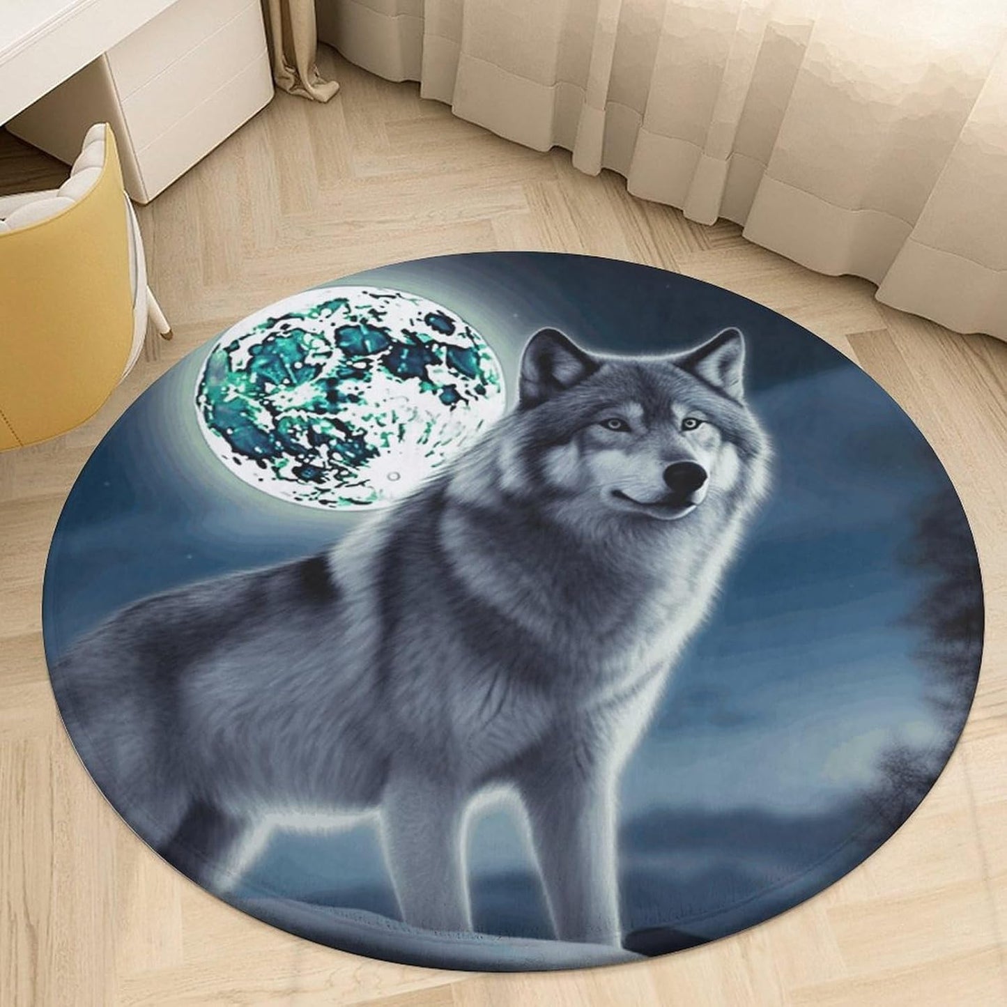 Wolf Under Moon Circle Rug Retro Luxury Coral Velvet Floor Mat Non Slip Soft Indoor Floor Carpet Comfy Thickened Area Rugs Modern Aesthetic Minimalist Carpets for Home Decor