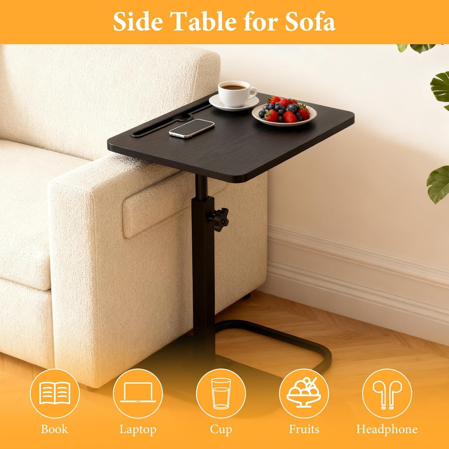 jessie Tv Tray C Table, Adjustable End Table for Couch 360° Swivel C Shaped End Table with Phone Tablet Slot for Living Room, Sofa, Bedside, Bathroom (Black)
