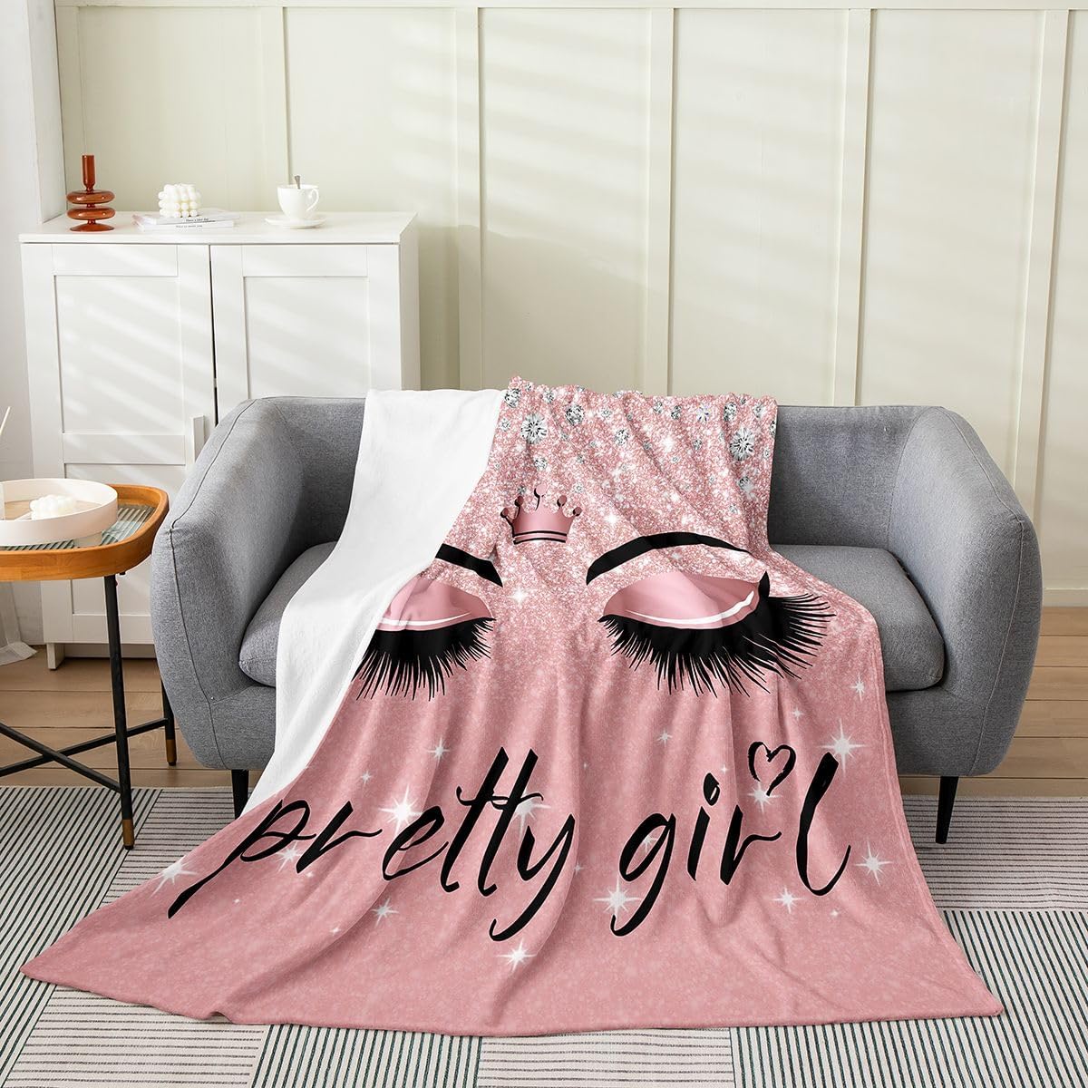 Eyelash Throw Blanket 40x50 inch,Stylish Pink Sparkles Fleece Blanket for Girls Adult,Eyelash Diamond Aesthetic Flannel Blanket,(No Glitter No Sequin)Makeup Eyelash Bed Blanket Lightweight