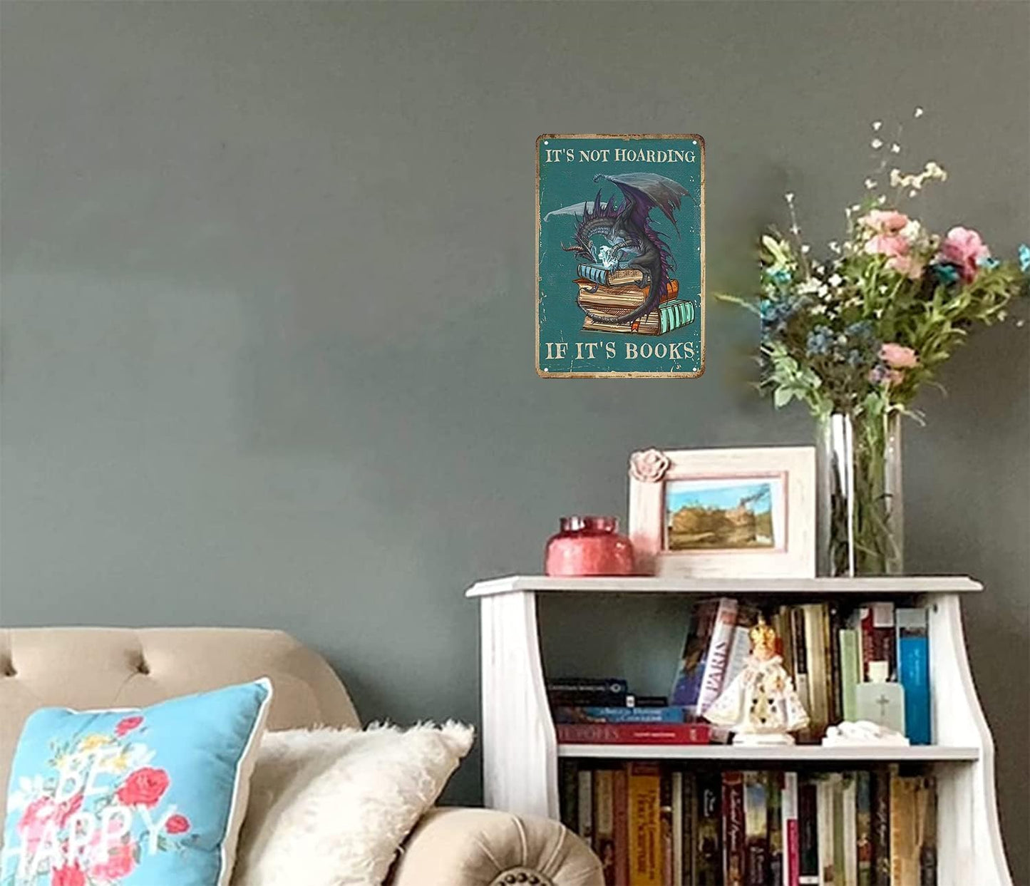 Bookish Gifts Dargon Valentines Gifts Vintage Dragon Tin Sign It's Not Hoarding If It's Books Sign for Home Cafe Bedroom Library Bookshelf Wall Decor 8x12 Inch (3018)