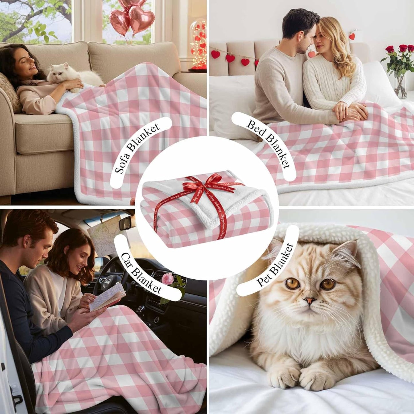 Valentine's Day Sherpa Throw Blankets Romantic Love Flannel Fleece Blanket Pink Buffalo Check Plaid Soft Cozy Warm Reversible Fluffy Plush Blankets and Throws for Couch Bed Sofa All Season 40x50