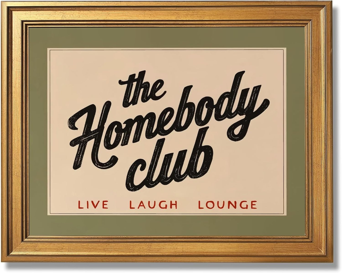 Retro The Homebody Club Canvas Wall Art Prints Funny Quotes Poster Cozy Green and Beige Aesthetic Art Posters Vintage Trendy Funky Quote Wall Decor for Bedroom 24x36inch Golden Frame