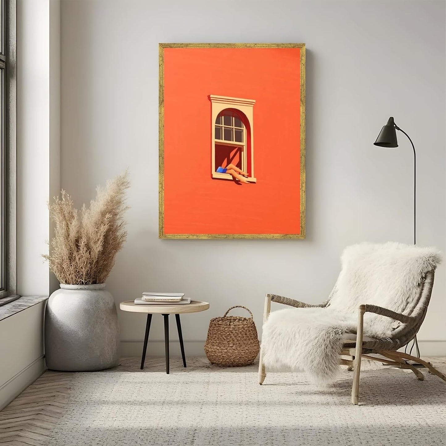 Sunny Reading Nook Poster Dopamine Wall Art Reading Corner Wall Decor Bold Orange Canvas Print For Living Room Bedroom Office 12x16inch Golden frame