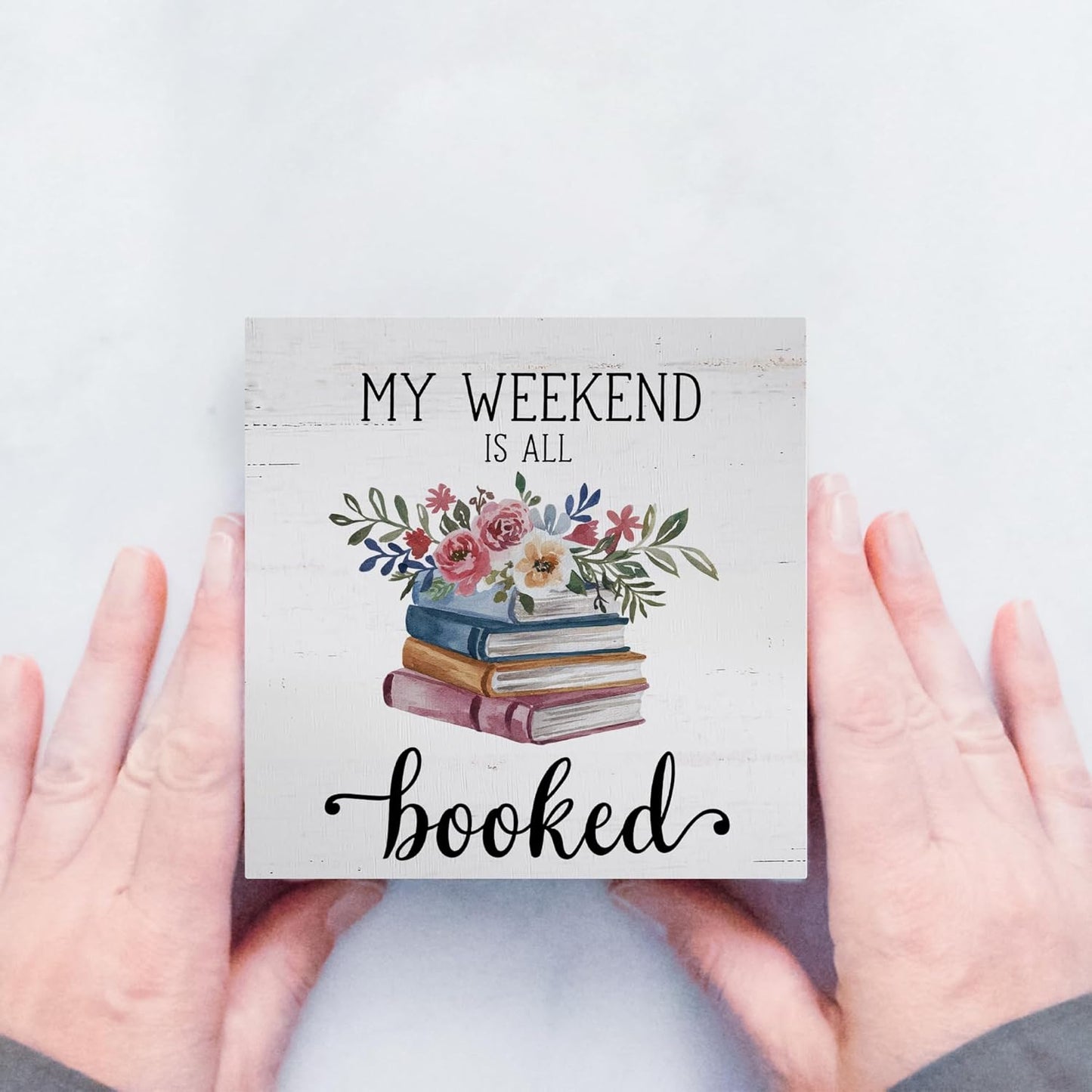 Zyzmasm Cute Kids Bookshelf Desk Decor Sign for Homeschool Library Reading Room, My Weekend is All Booked, Wooden Sign 5x5 Inches