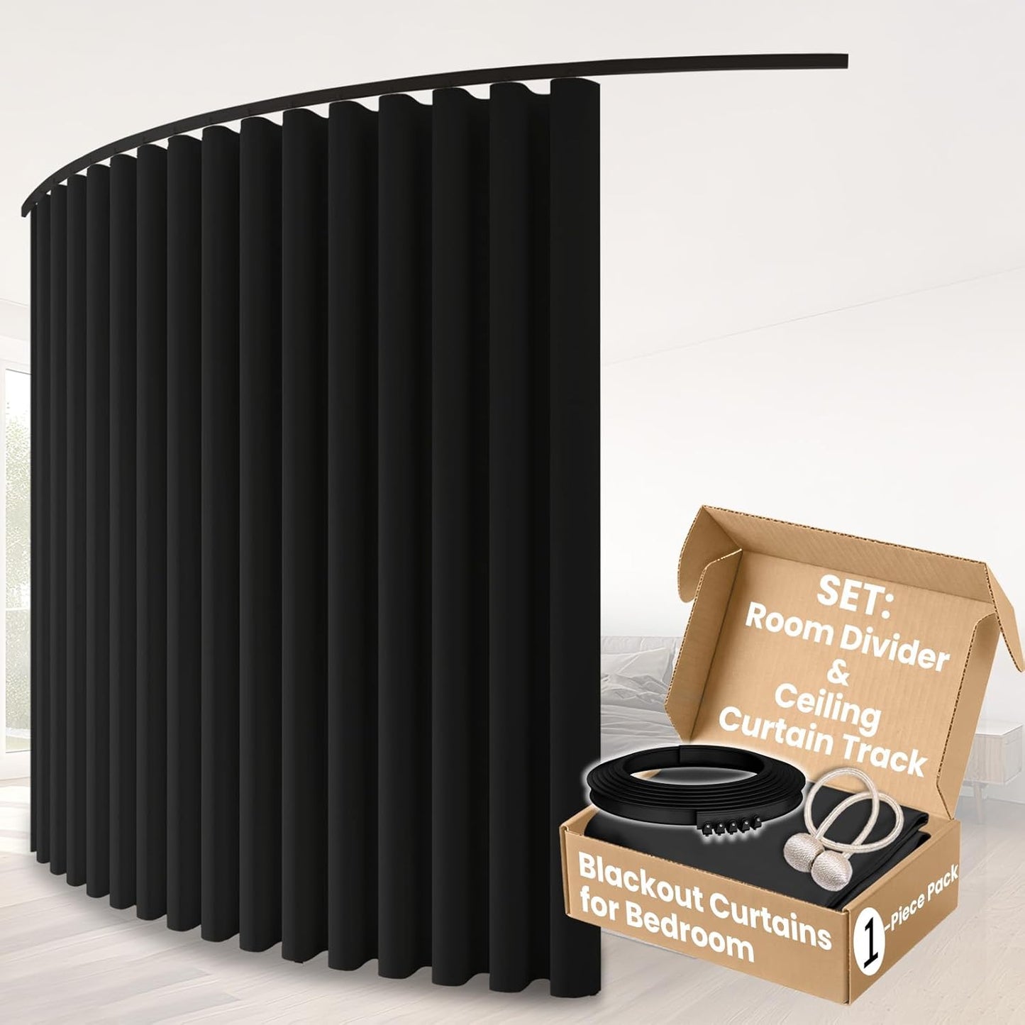 Room Divider Curtains, Black 1 Panel W106 x L84in, with Flexible Ceiling Curtain Track Black 9.84ft, for Sound Dampening Privacy Partition