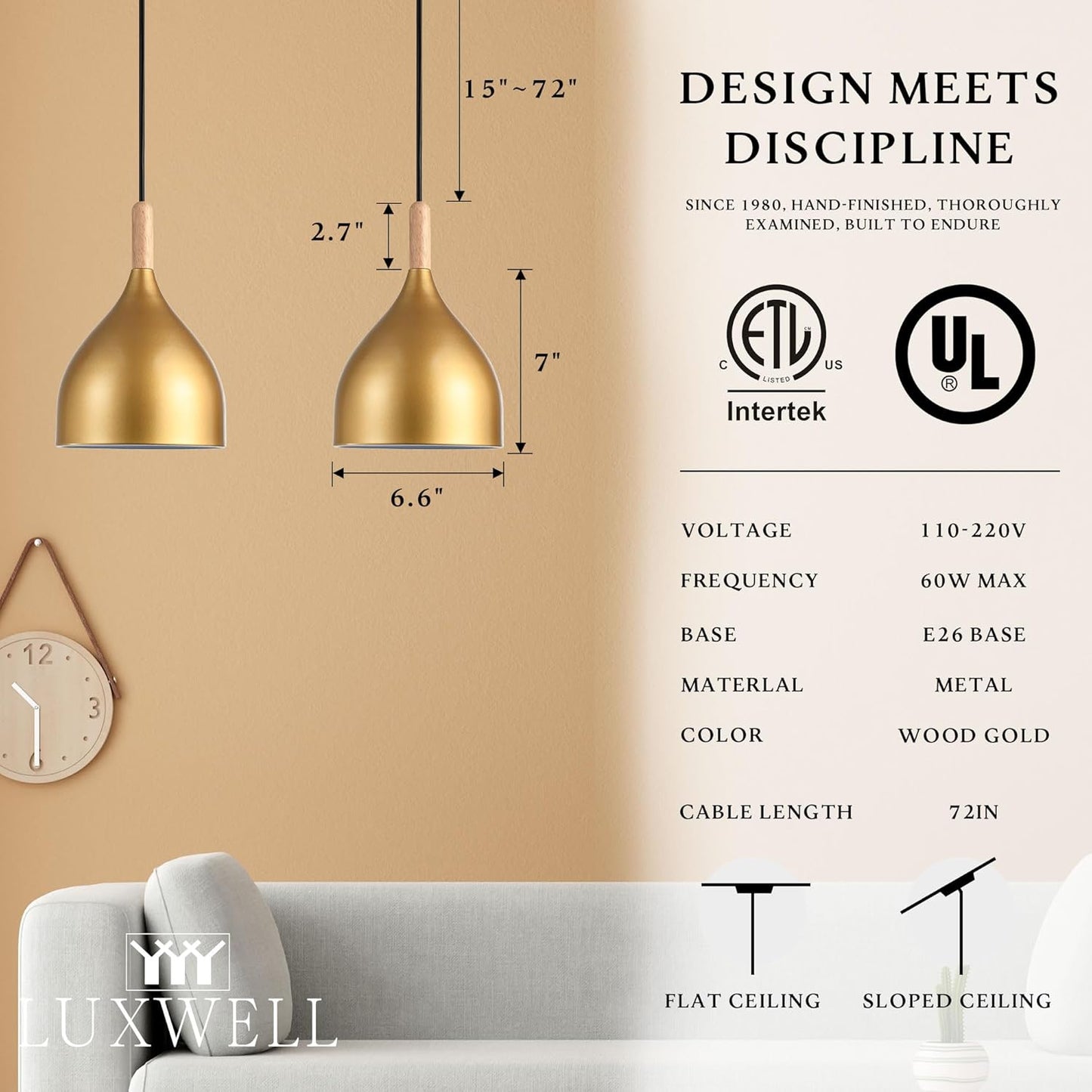 Modern Pendant Light, 6.6"x6.6"x7" Iron Hanging Fixture with Warm Oak Woodgrain, 15"-72" Adjustable Cord, E26 Socket, 4.7" Ceiling Canopy for Dining Area, Bedroom – Golden Oak