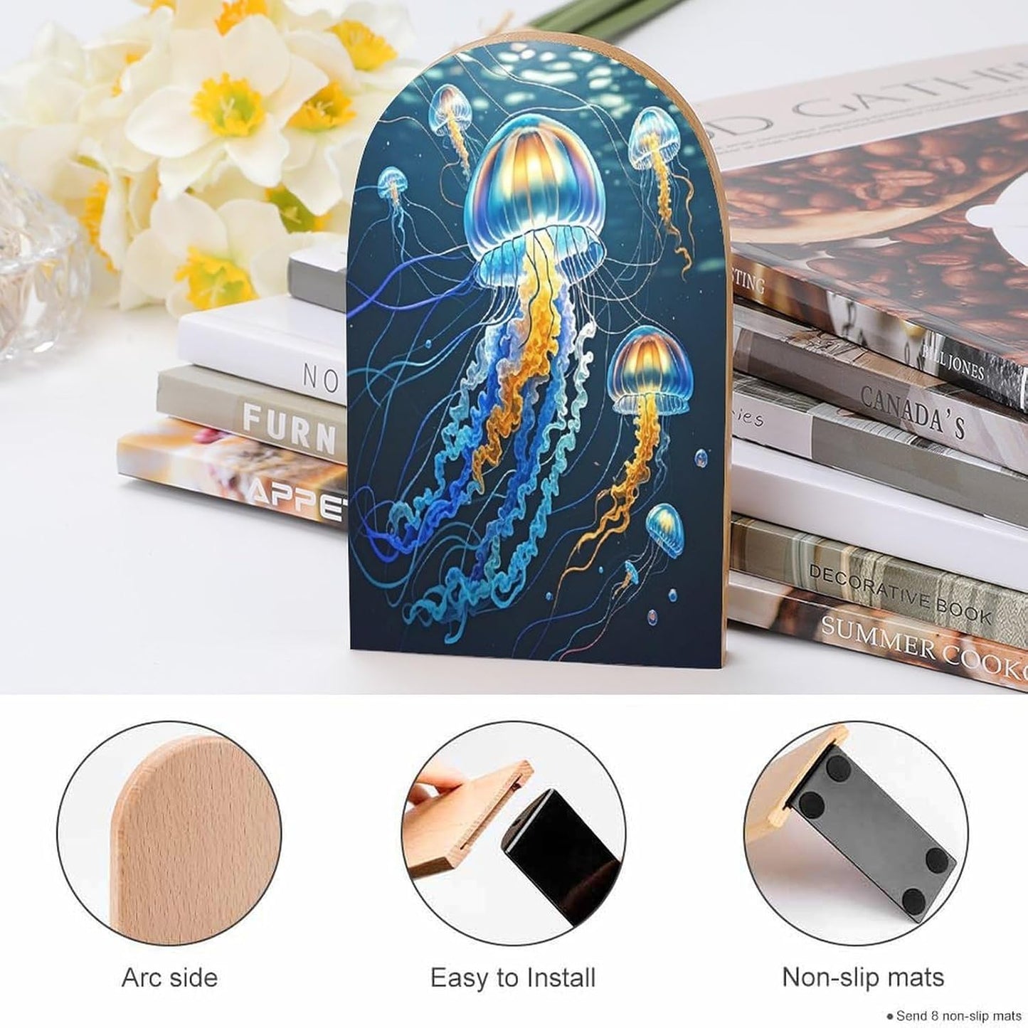 Color Jellyfish Bookends 1 Pair Heavy Duty Book Ends for Shelves Non-Skid Bookend Supports Wooden Book Holders with Metal Base Desk Organizers Books Storage to Hold Books