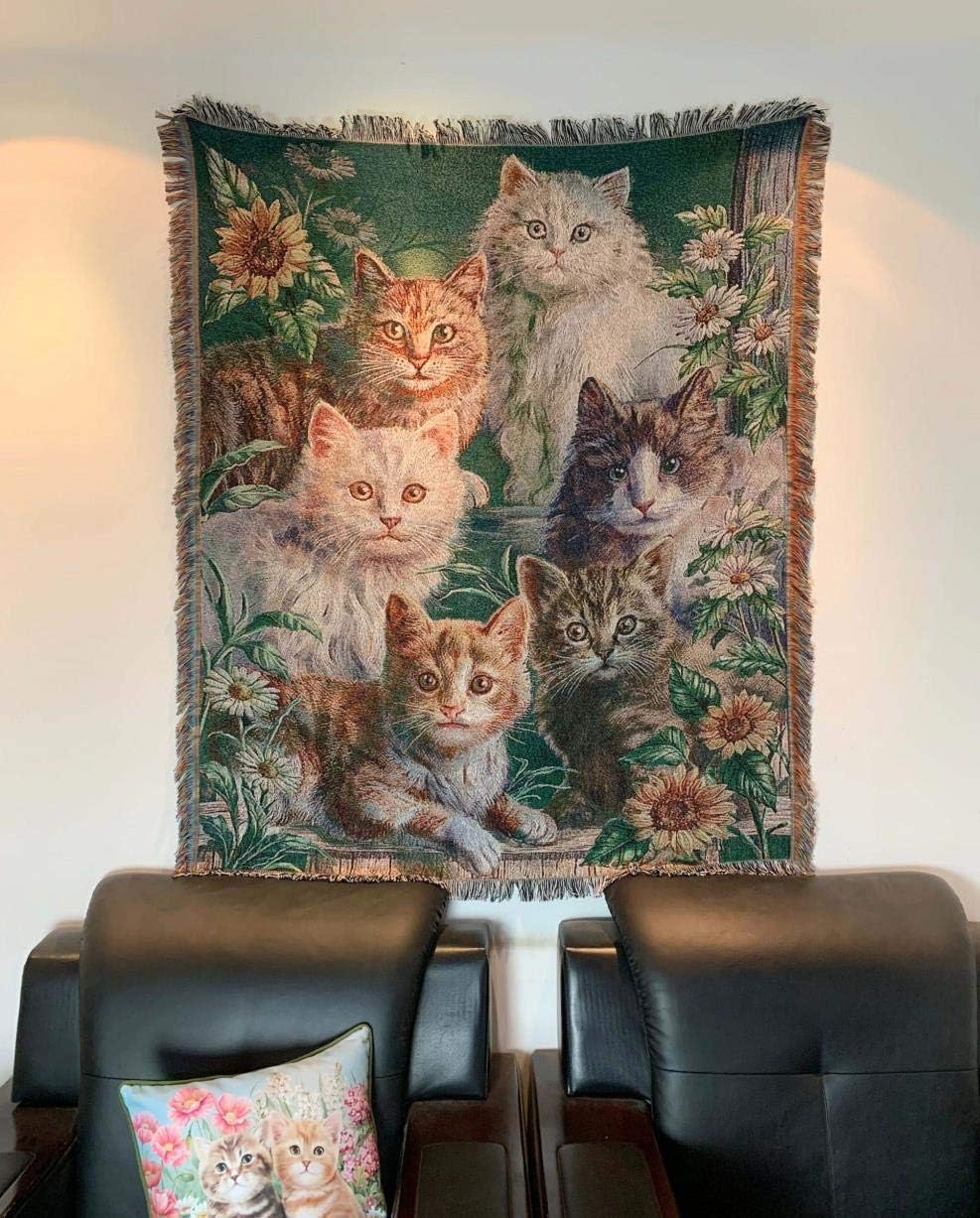 Garden Cat Flower Woven Tapestry Throw Blanket Wall Hanging Art Handicrafts Jacquard Multipurpose Soft Travel Mat Outdoor with Fringe Tassels 50 X 60 Inches