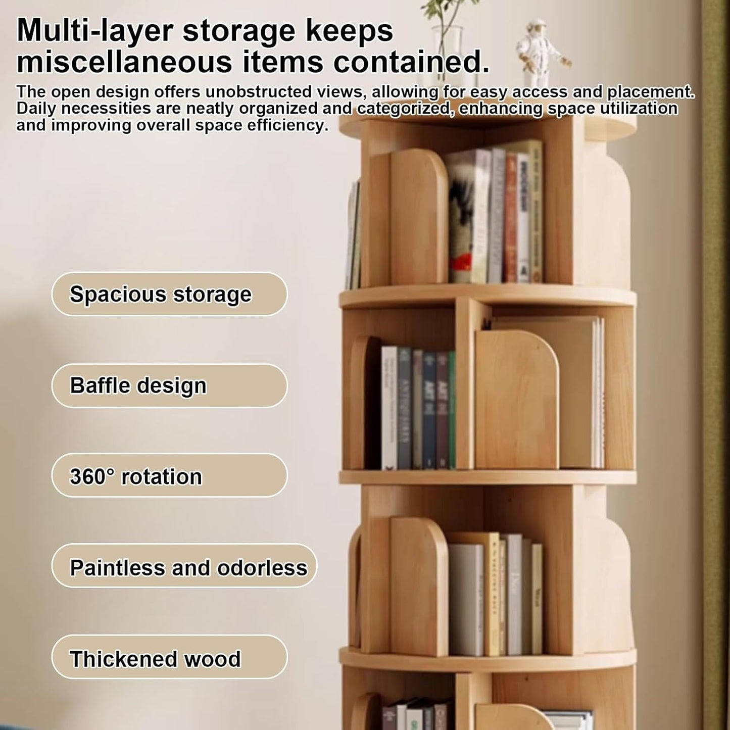 Solid Wood Bookcase 360 °,Solid Wood Rotating Bookshelf 360 Degree Bookcase Children's Home Living Room Movable Simple Floor Rack Picture Book Rack(Walnut,128 * 50cm/50.4 * 19.7in)