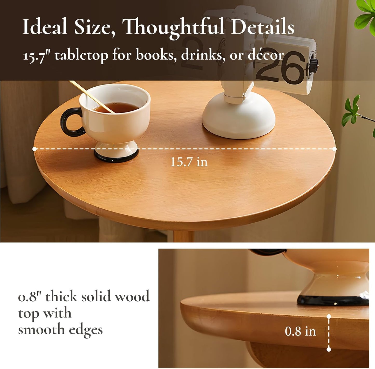 Small Round Side Table, Solid Wood End Table with Adjustable Height, Portable Accent Coffee Table, Nightstand,15.75" Dia.x 23.62" H,(Natural)
