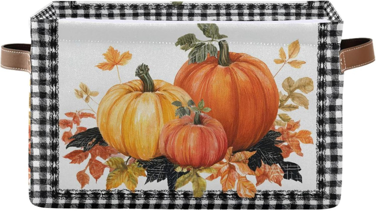 Thanksgiving Day Storage Basket, Leaves Pumpkin Autumn Foldable Fabric Collapsible Storage Bins Organizer Bag for Clothes