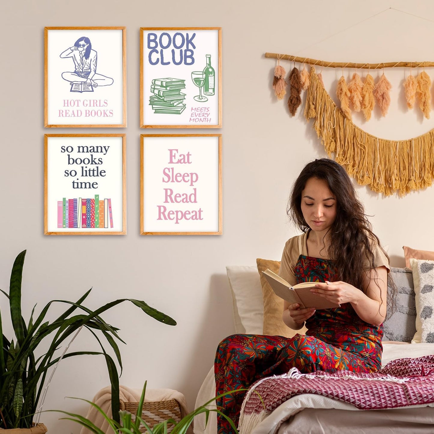 VIIJJUE Book Club Wall Art Decorations Prints Set of 4, Reading Gifts for Women, Book Lover Wall Decor for Home Reading Room Corner Nook Library, 8x10 Inches Unframed