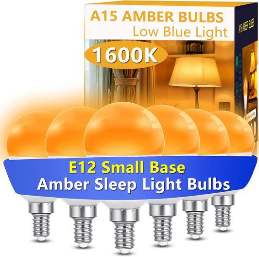 E12 Small Candelabra Base Amber Sleep Light Bulb Dimmable，1600K Blue Light Blocking, A15 Warm Night Light Bulbs 25W 40W Equivalent, 3W 300LM Dim Lamp Bulbs for Healthy Sleep, Bedroom 6Pack