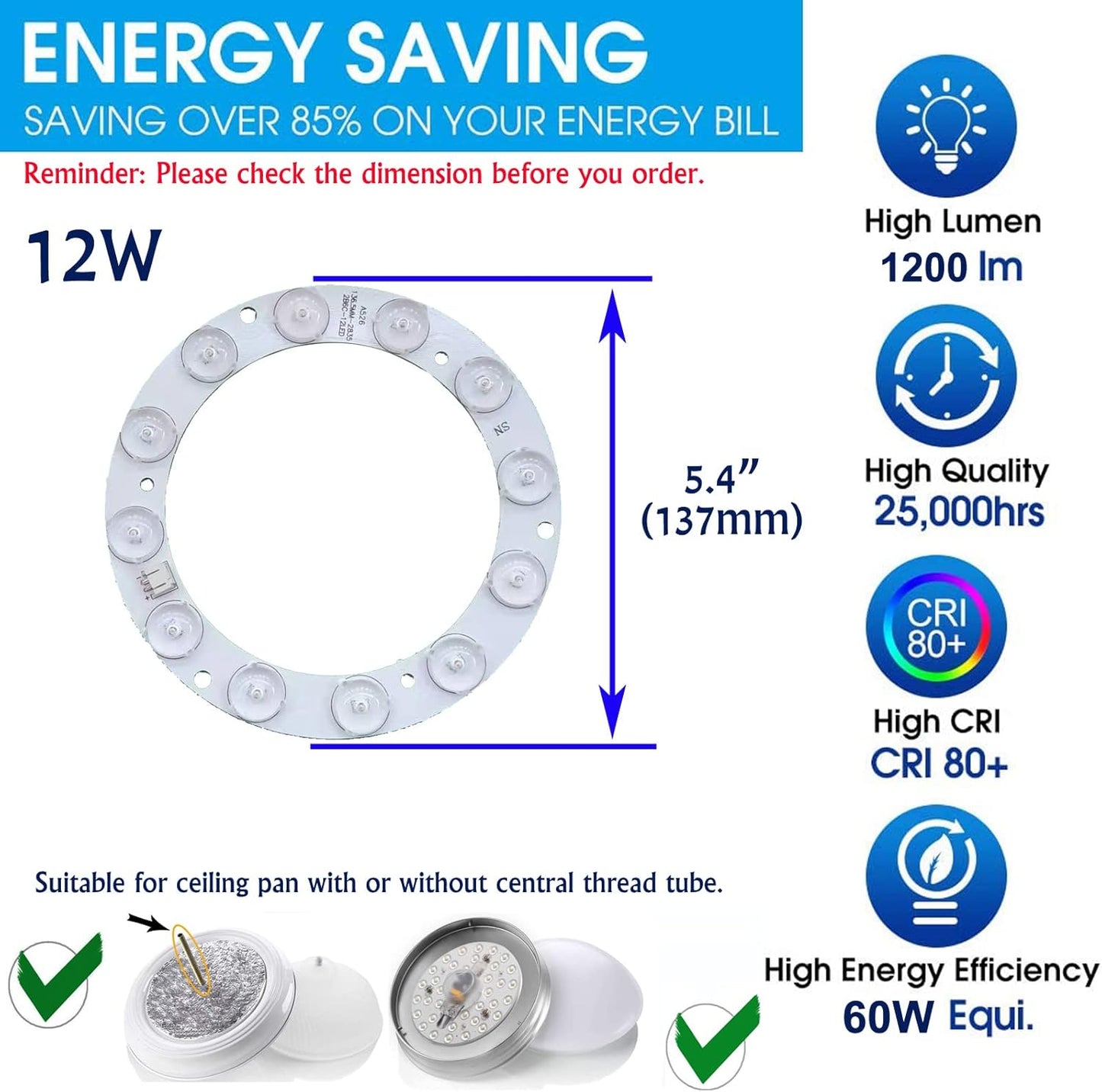 12W LED Flush Mount Ceiling Fan Light Kit Replacement,Retrofit LED Light Engine Panel,4500K Natural Light (1 Pack)