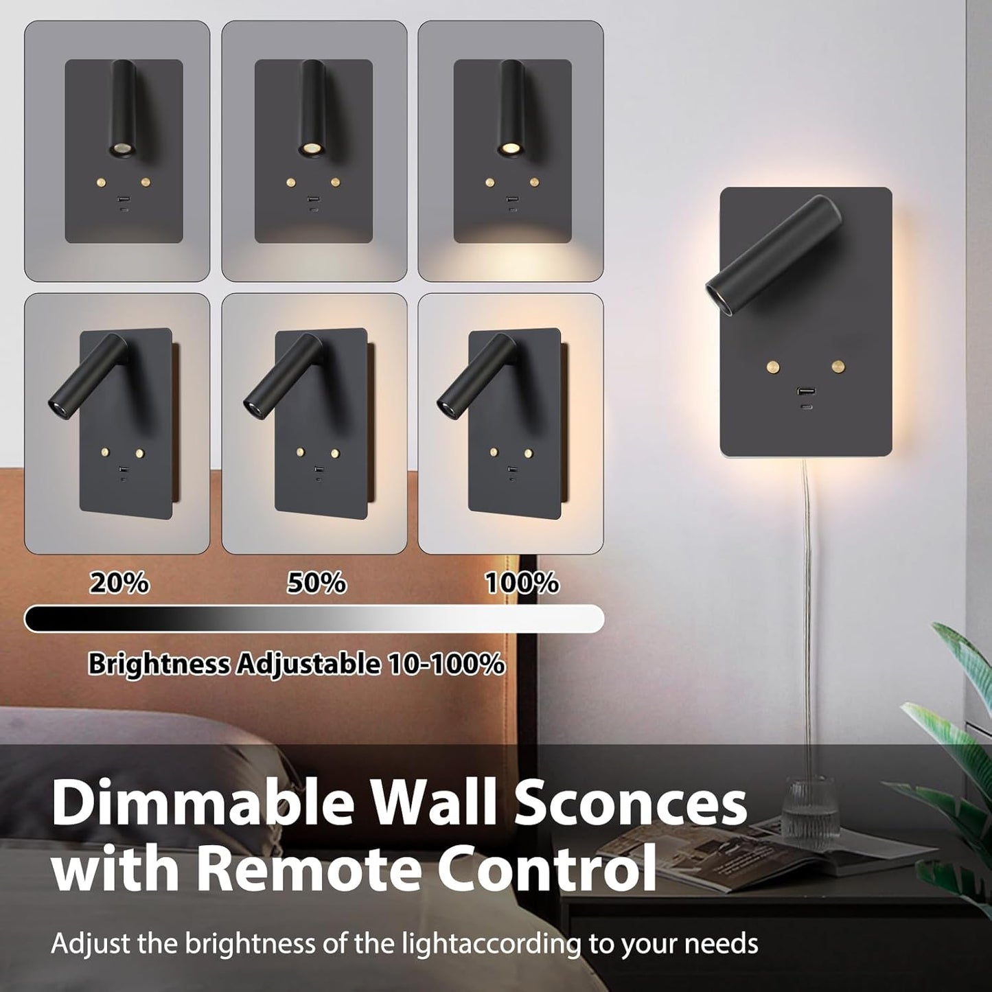 ZEROUNO Dimmable Wall Mounted Reading Light Set of 2,Adjustable Headboard Plug in Wall Sconce with USB A+C Ports,Touch Control Wall Light for Bedroom Bedside Lamps
