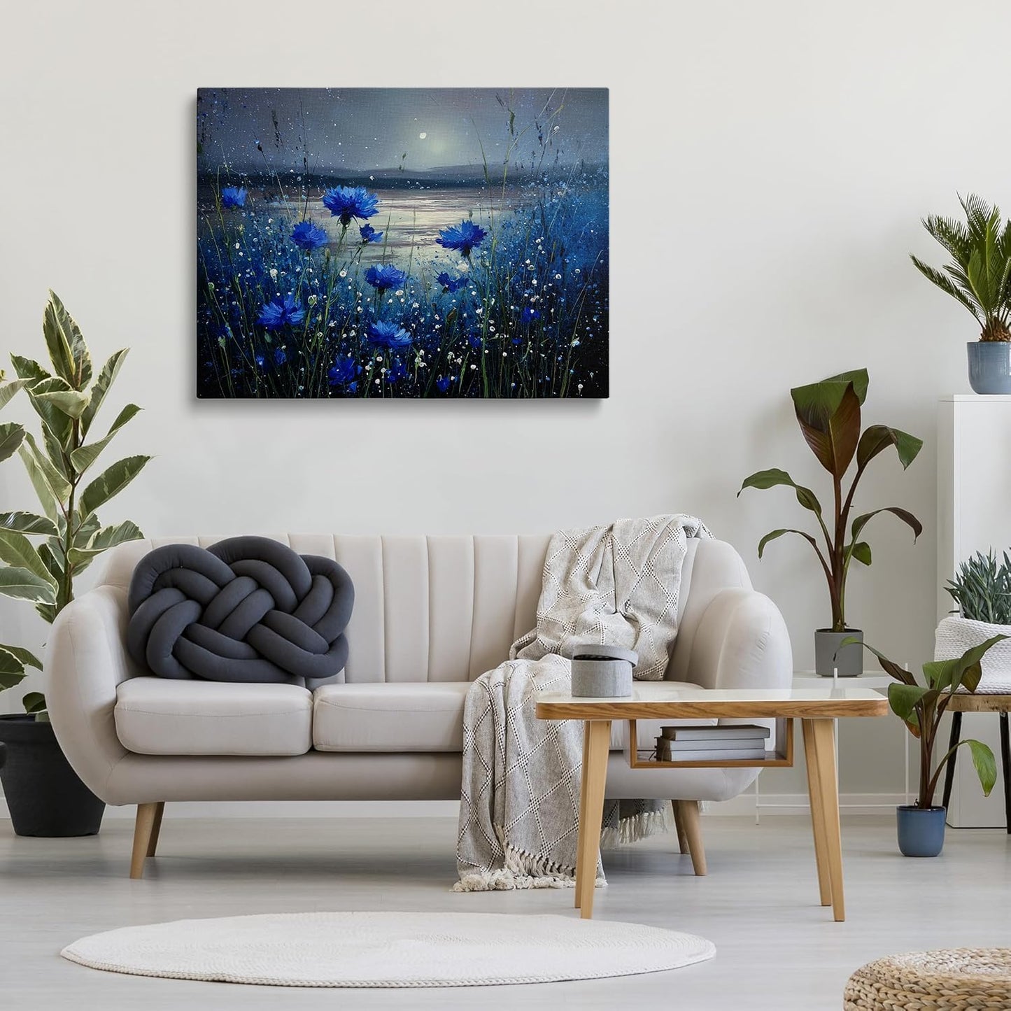 Beautiful Blue Cornflowers Moonlit Lake Landscape Canvas Wall Art - Tranquil Nature Home Decor for Living Room & Bedroom Bathroom - HD Waterproof Stretched Framed Art Print Ready to Hang 12x16 Inches