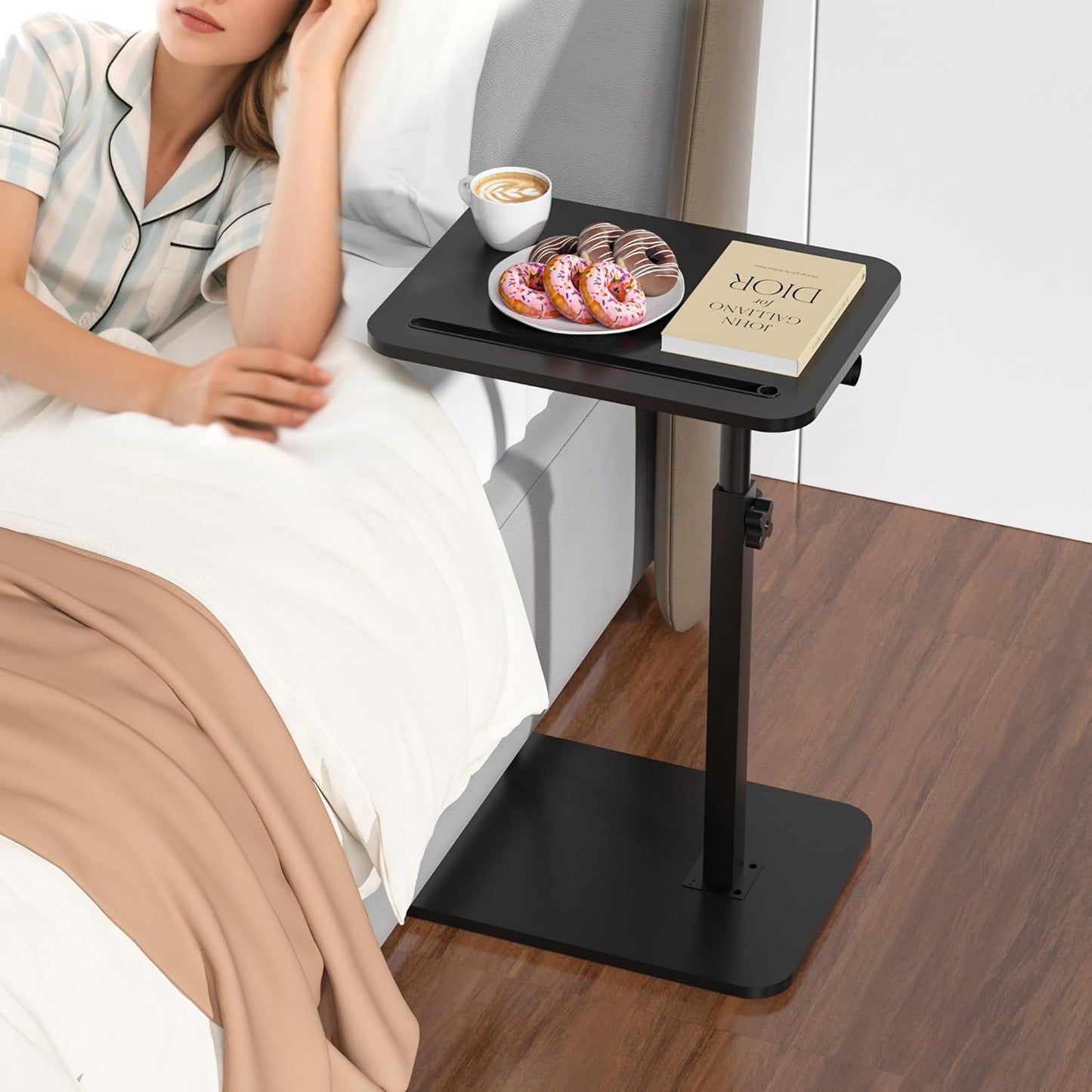 Black Side Tray Table for Couch - 360° Swivel Adjustable Height Rotating Sofa Table C Table End Table Laptop Desk with Phone & Tablet Slot, Perfect for Eating Working Reading, Fits Small Spaces