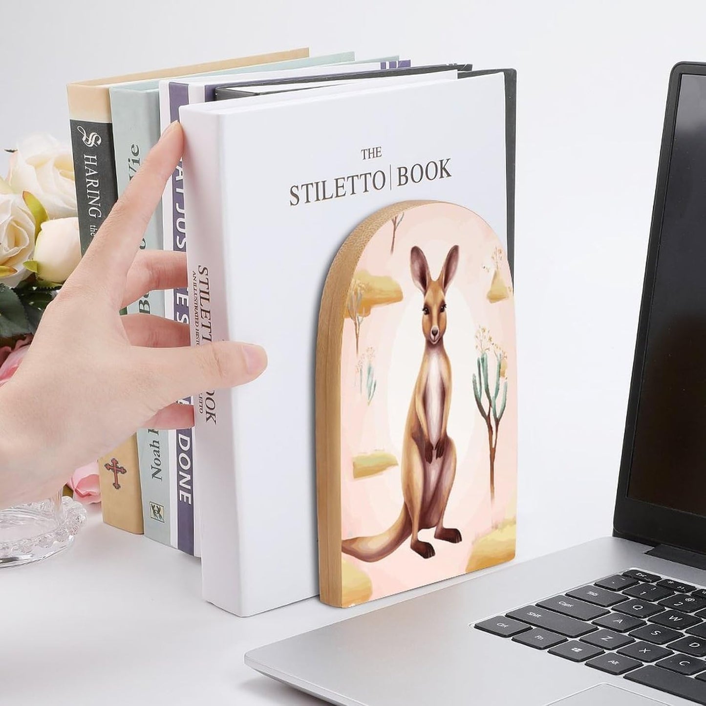 Non-Slip Bookend for Shelves Funny Cartoon Kangaroo Zoo Wooden Bookends with Metal Base Decorative Book Stopper for Home Heavy Duty Wood Book Storage for Books/CDs