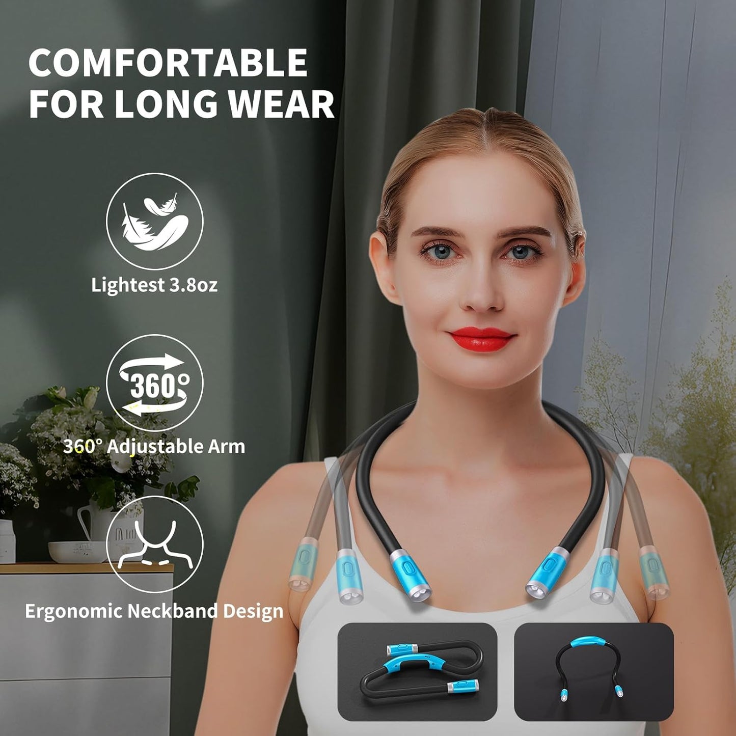 LUXJET Neck Reading Light & Book Light for Reading in Bed - Hands Free, 6 Brightness Levels, 360° Flexible Arms, 80-Hour Rechargeable - Reading, Knitting, Camping, Repairing - Gifts for Book Lovers