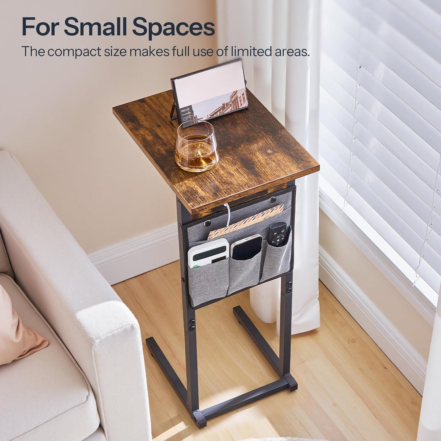 HOOBRO C Shaped Side Table with Charging Station, Slide Under Couch Table, 27.8" Tall Side Table for Sofa Arm with Fabric Storage Pocket, for Living Room, Bedroom, Rustic Brown BF73USF01