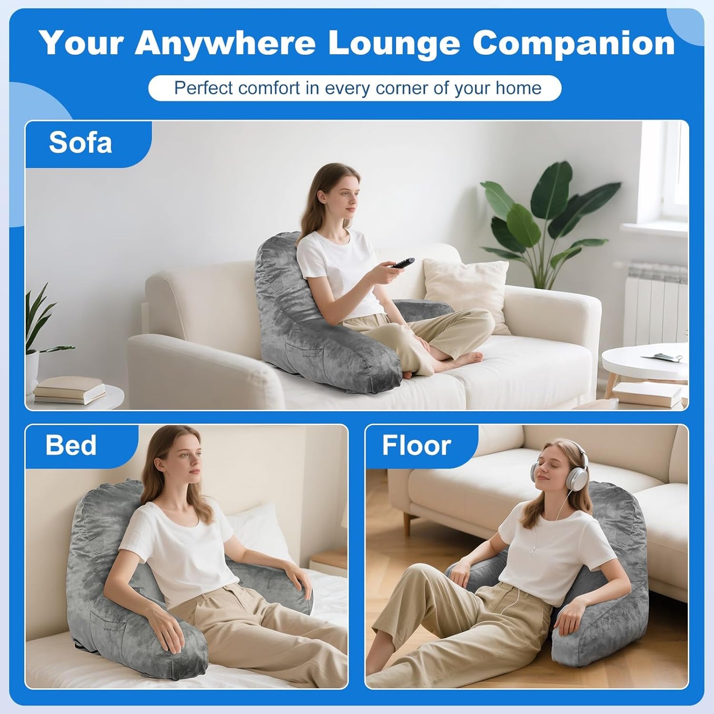 Reading Pillow Premium Backrest Support for Bed, Couch & Floor, Back & Arm Support Reading Pillow for Adults & Teens – Washable Cover, Grey