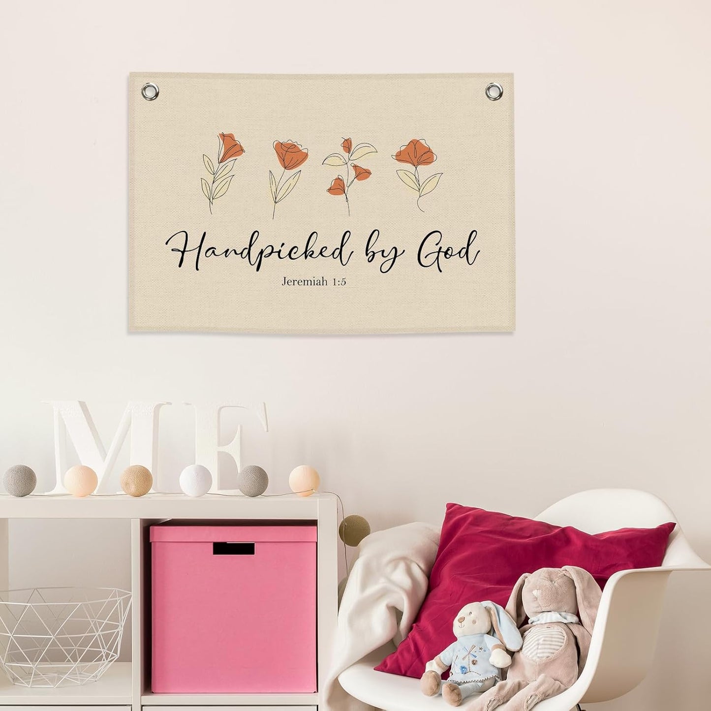 Nursery Christian Kids Banner Canvas, Flower Floral Toddler Room Decor,Handpicked by God Hanging Flag Sign, Positive Wall Tapestry Art for Baby Shower Classroom Playroom Bedroom Decor 20x30in