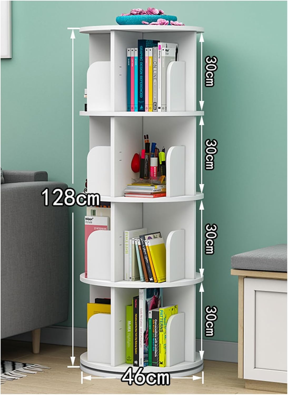 Rotating Bookshelf, Corner Small Space 360 Display Floor Standing Bookcase Storage Rack, Narrow Book Shelf Organizer for Bedroom, Living Room (Walnut 4tier) (White 4tier)